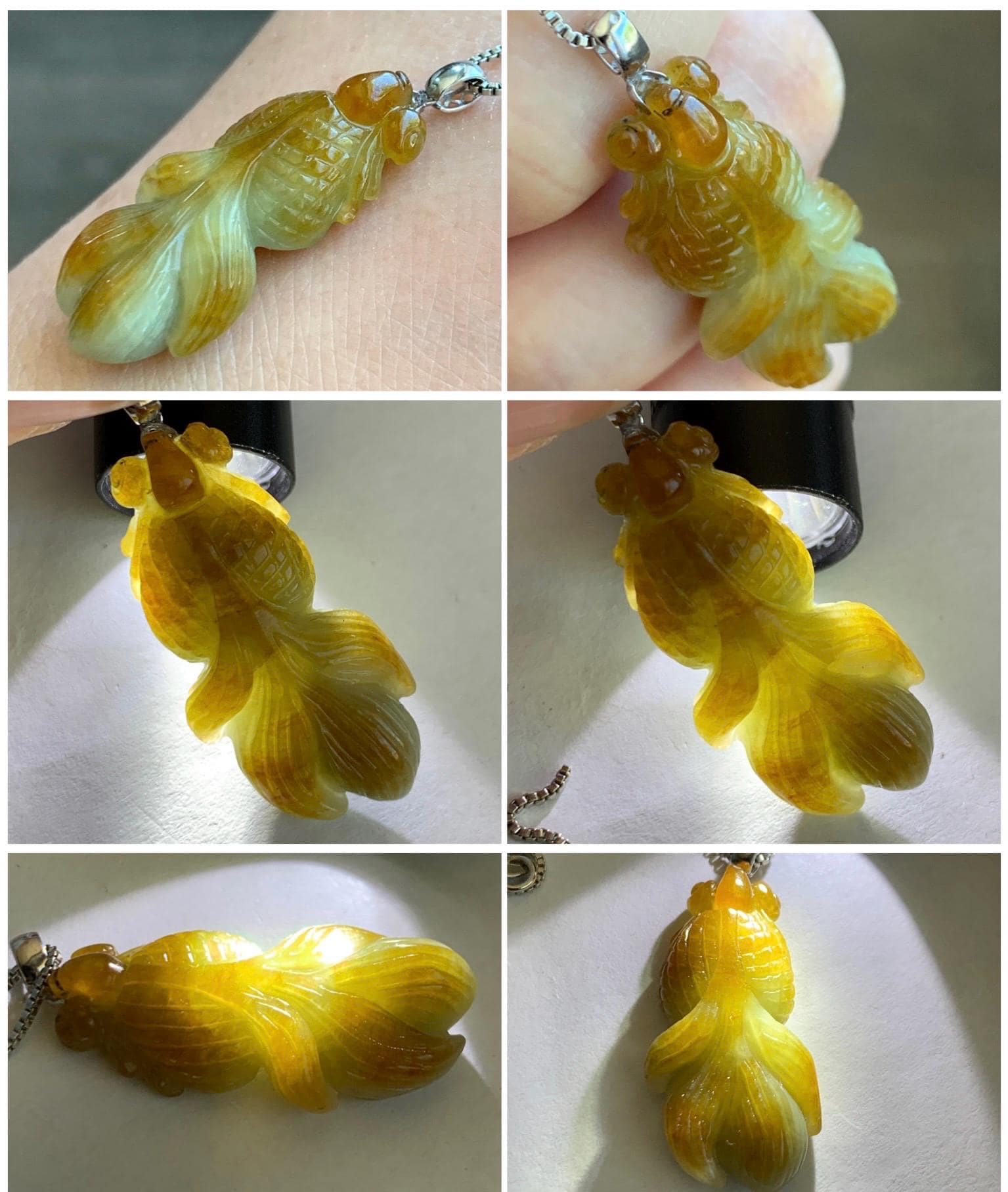 Natural Grade A Icy Translucent Yellow Marbled Jade Jadeite Carved Goldfish Pendant 18K White Gold 6g 天然黄翡翠金鱼金扣头吊坠 MJY100A