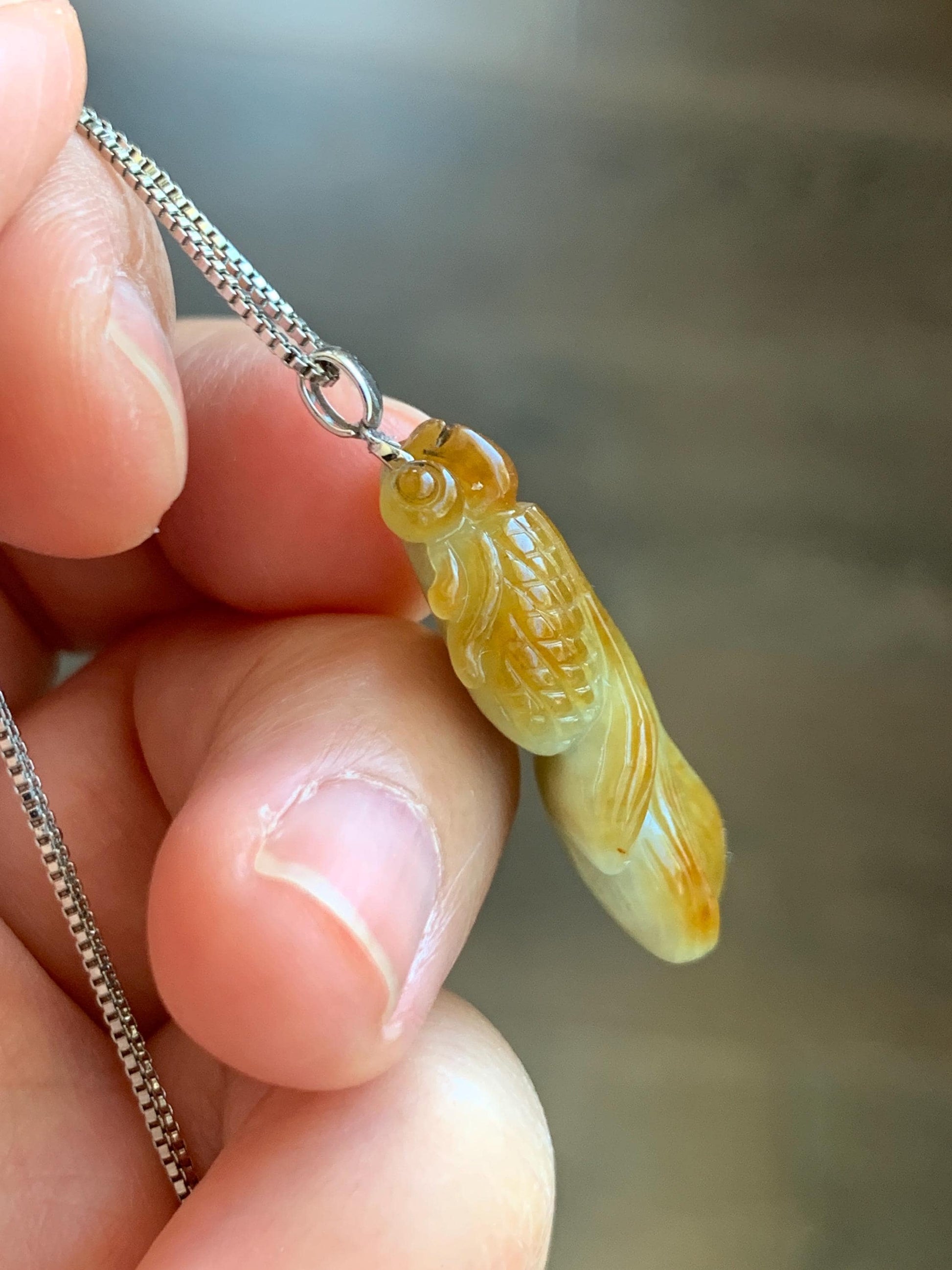 Natural Grade A Icy Translucent Yellow Marbled Jade Jadeite Carved Goldfish Pendant 18K White Gold 6g 天然黄翡翠金鱼金扣头吊坠 MJY100A
