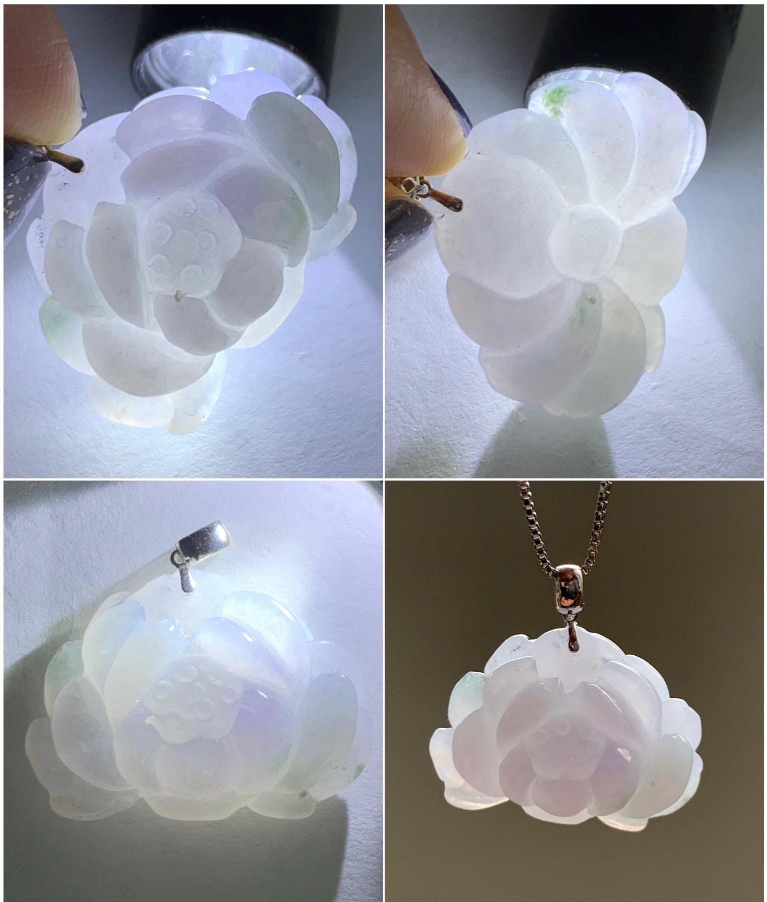 Natural Grade A Icy Translucent Pastel Purple Green Marbled Jade Jadeite Lotus Flower Pendant 18K White Gold 7g 天然冰淡紫飘绿花翡翠莲花镶嵌吊坠 MZL560C