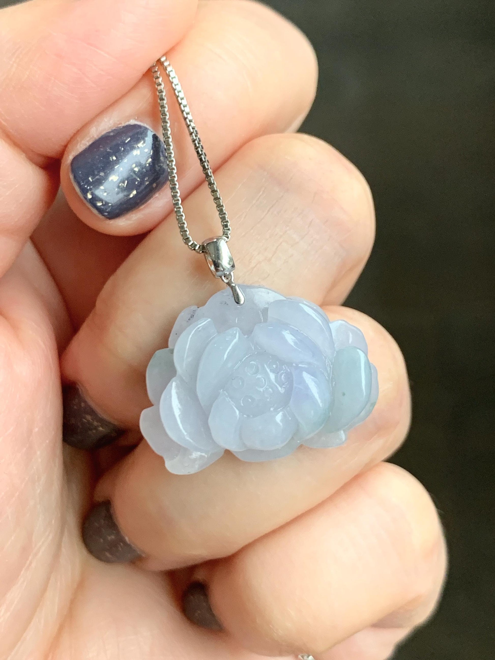 Natural Grade A Icy Translucent Pastel Purple Green Marbled Jade Jadeite Lotus Flower Pendant 18K White Gold 7g 天然冰淡紫飘绿花翡翠莲花镶嵌吊坠 MZL560C