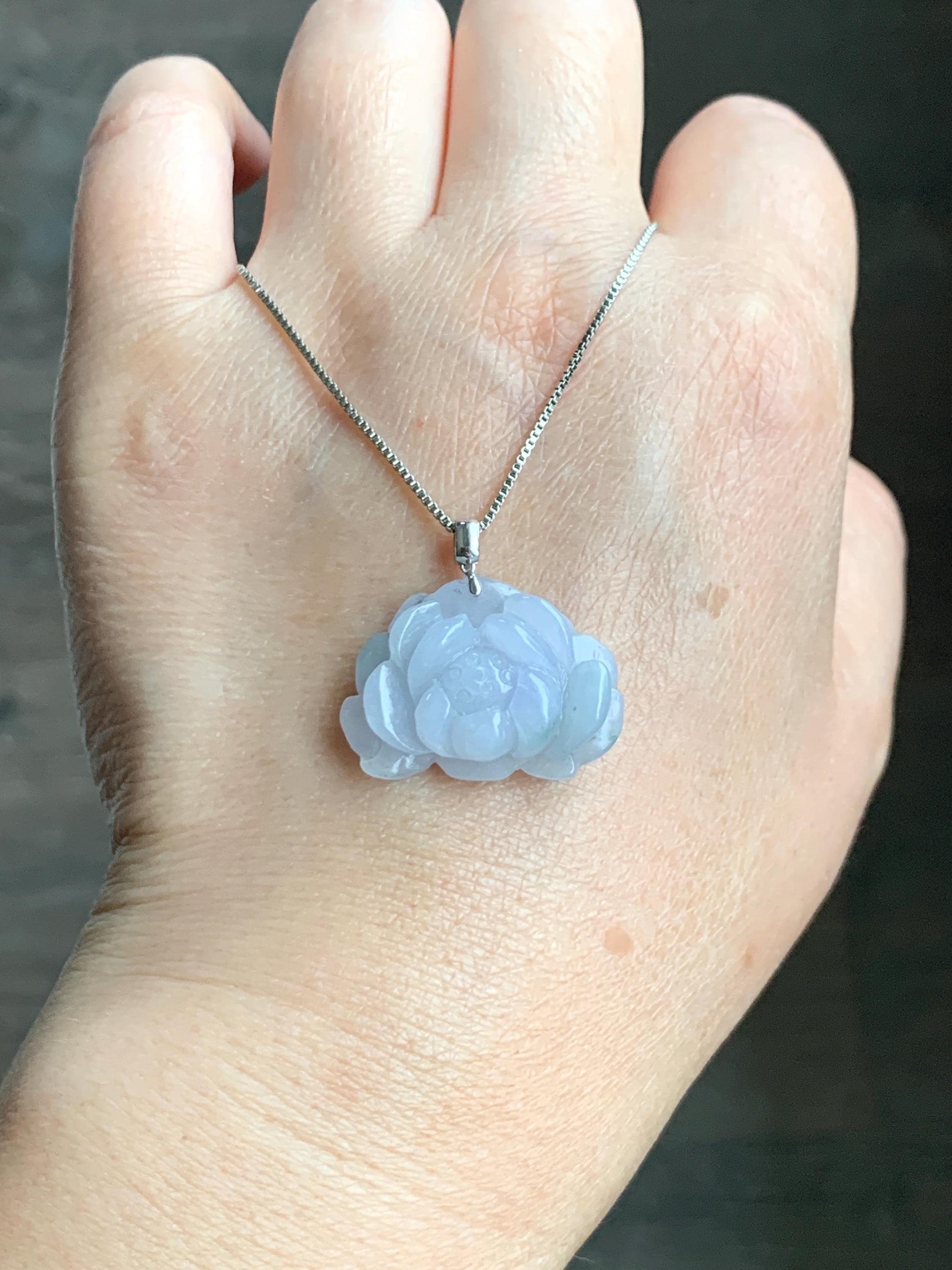 Natural Grade A Icy Translucent Pastel Purple Green Marbled Jade Jadeite Lotus Flower Pendant 18K White Gold 7g 天然冰淡紫飘绿花翡翠莲花镶嵌吊坠 MZL560C