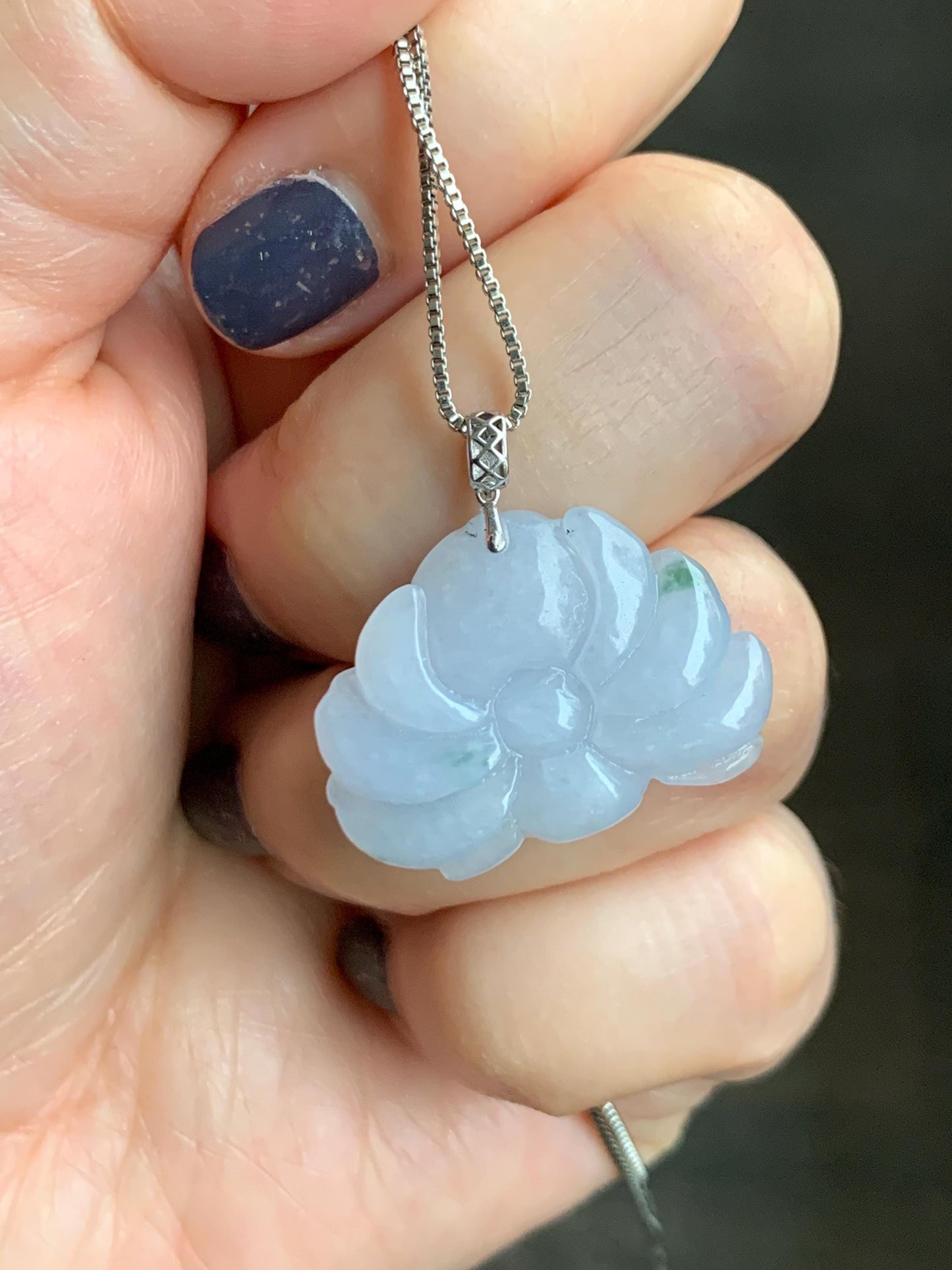Natural Grade A Icy Translucent Pastel Purple Green Marbled Jade Jadeite Lotus Flower Pendant 18K White Gold 7g 天然冰淡紫飘绿花翡翠莲花镶嵌吊坠 MZL560C