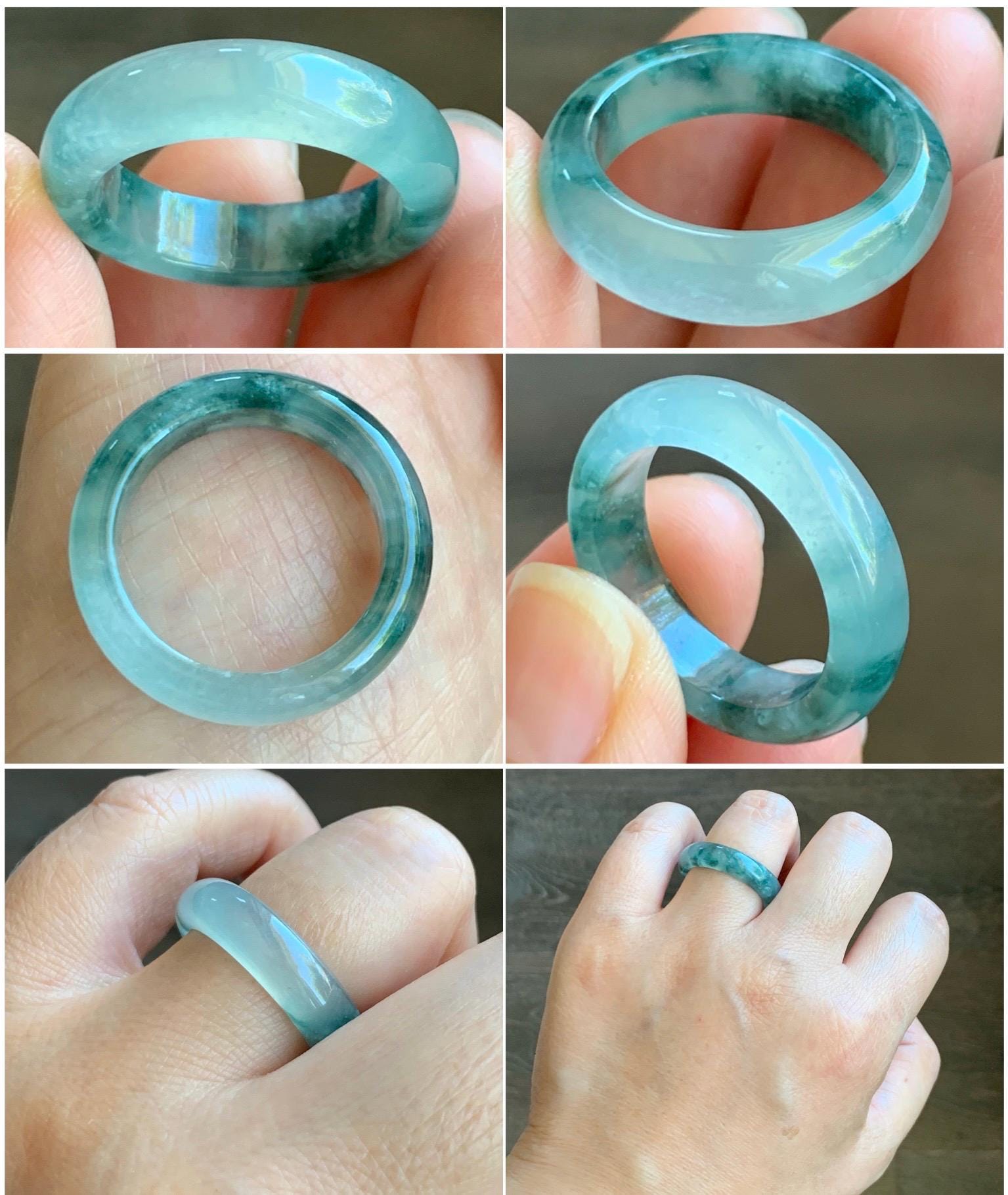 Certified Natural Grade A Icy Translucent Gelatinous Old Mine Green Marbled Jade Jadeite Band Ring Size 9 US 4.17g 天然冰胶浅绿飘花翡翠戒圈 8747