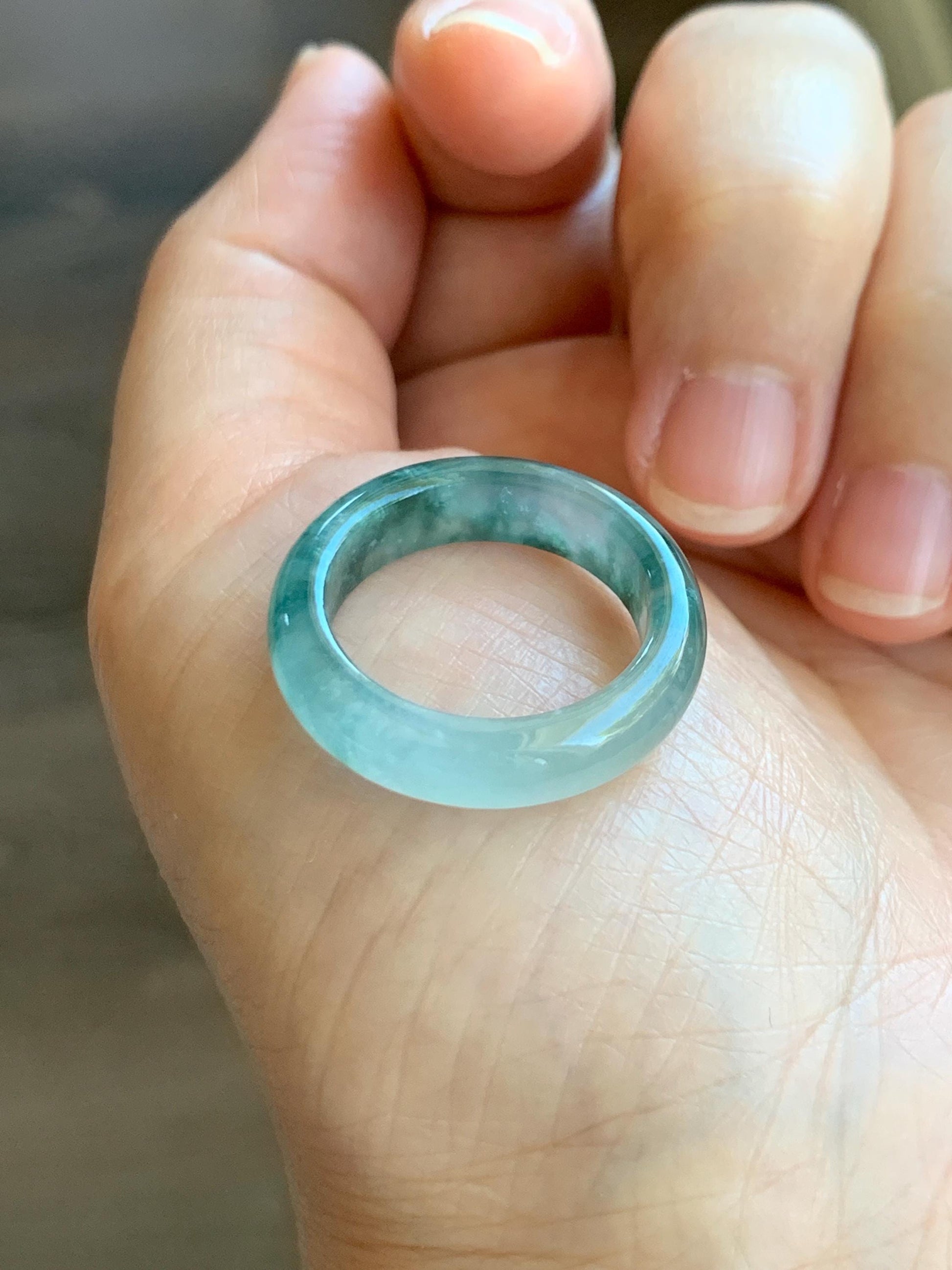 Certified Natural Grade A Icy Translucent Gelatinous Old Mine Green Marbled Jade Jadeite Band Ring Size 9 US 4.17g 天然冰胶浅绿飘花翡翠戒圈 8747
