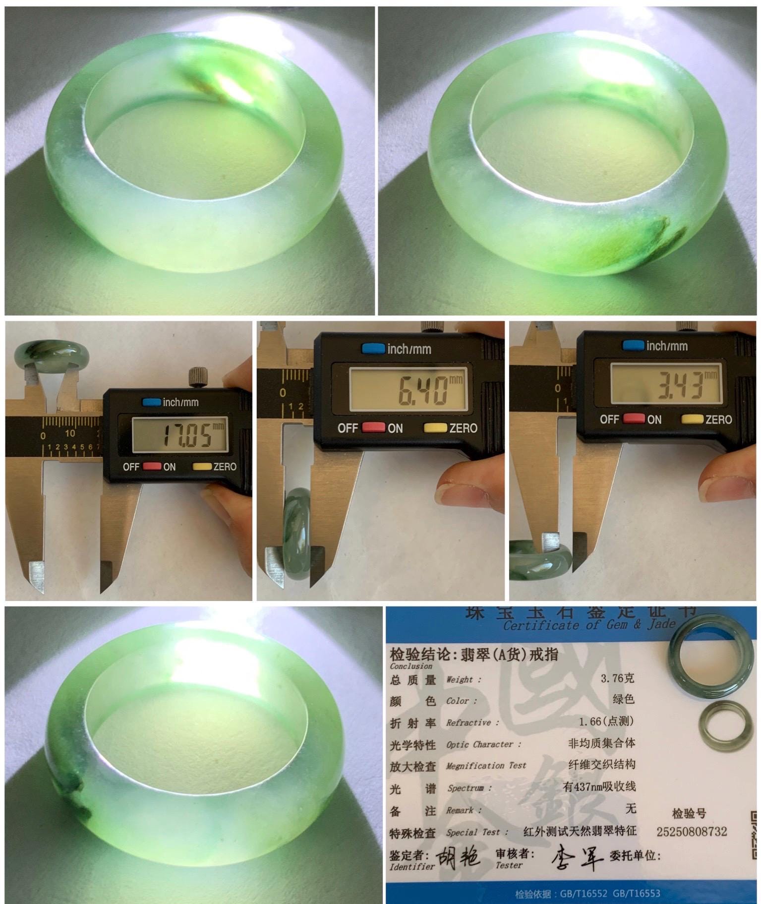 Certified Natural Grade A Icy Translucent Gelatinous Old Mine Green Marbled Jade Jadeite Band Ring Size 6.5 US 3.76g 天然冰胶绿飘花翡翠戒圈 8732