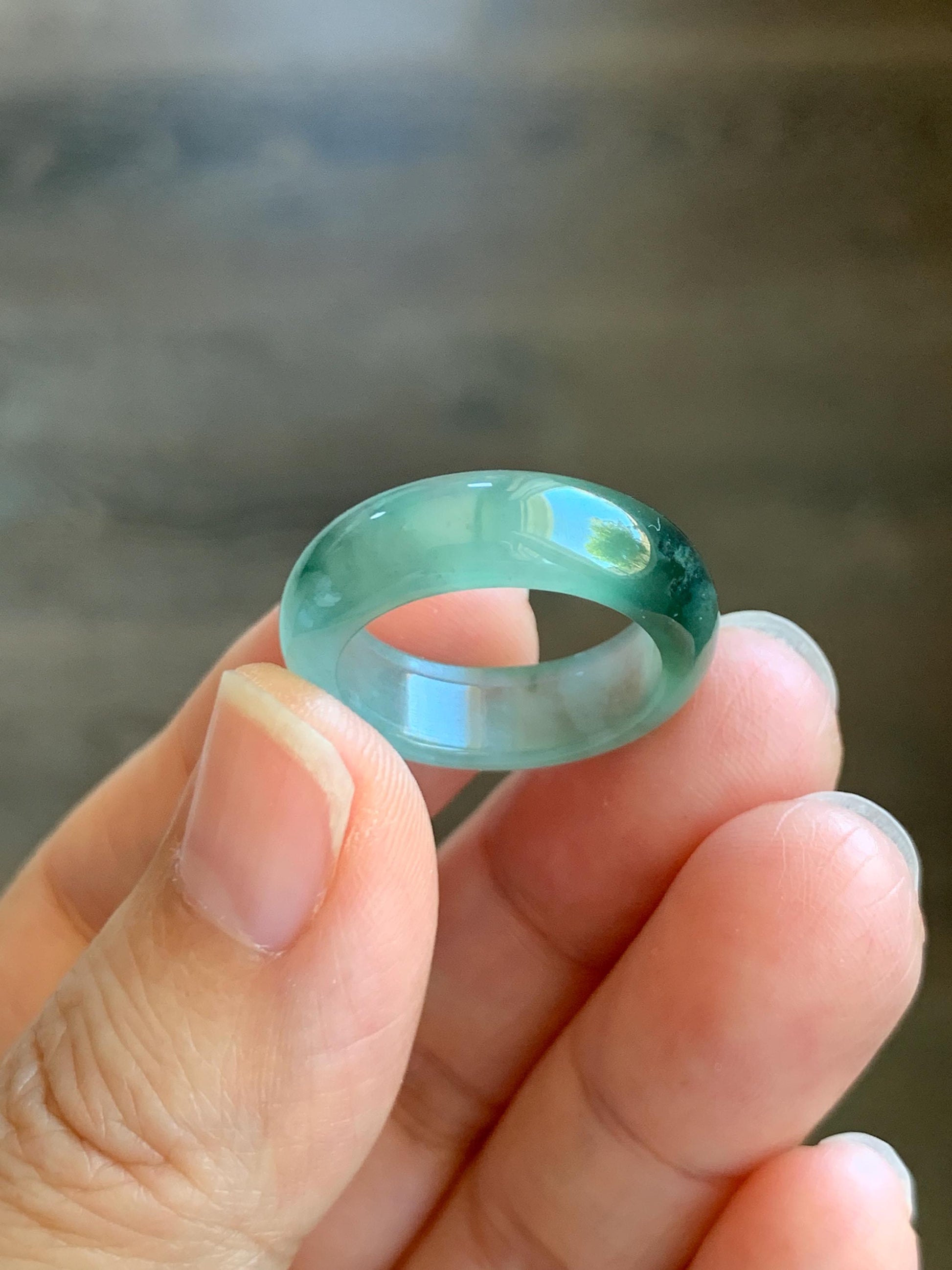 Certified Natural Grade A Icy Translucent Gelatinous Old Mine Green Marbled Jade Jadeite Band Ring Size 6.5 US 3.76g 天然冰胶绿飘花翡翠戒圈 8732