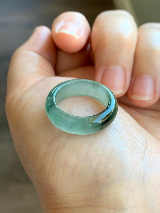 Certified Natural Grade A Icy Translucent Gelatinous Old Mine Green Marbled Jade Jadeite Band Ring Size 6.5 US 3.76g 天然冰胶绿飘花翡翠戒圈 8732