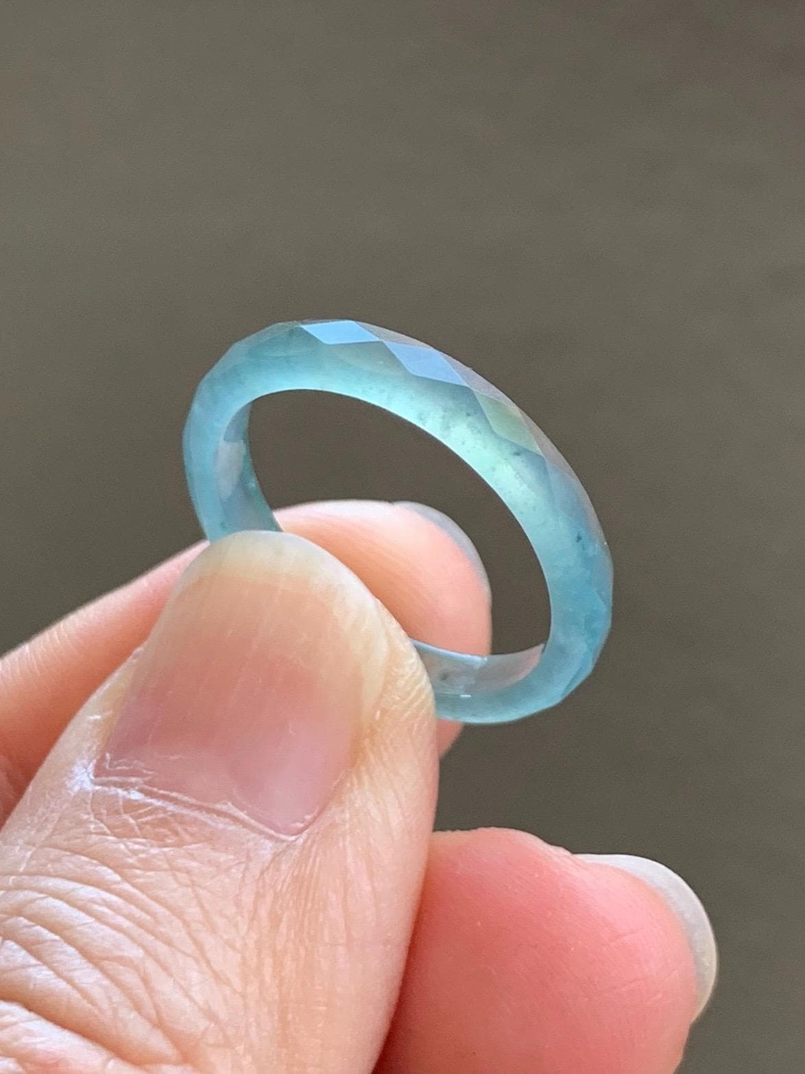 Natural Grade A Guatemalan Icy Highly Translucent Light Teal Jade Jadeite Diamond Faceted Band Ring Size 7.25 US 天然冰危浅蓝绿起光翡翠切割面戒圈 QGM80-I