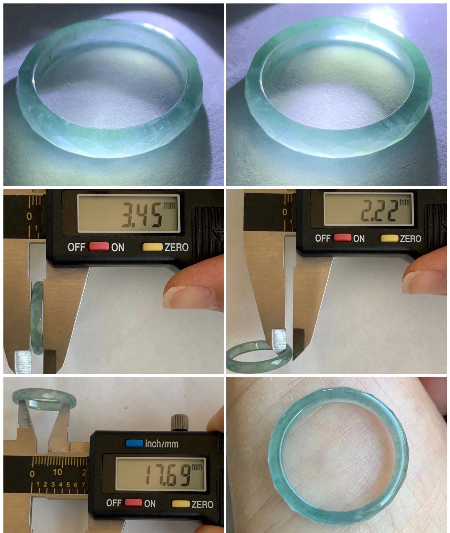 Natural Grade A Guatemalan Icy Highly Translucent Light Teal Jade Jadeite Diamond Faceted Band Ring Size 7.25 US 天然冰危浅蓝绿起光翡翠切割面戒圈 QGM80-I