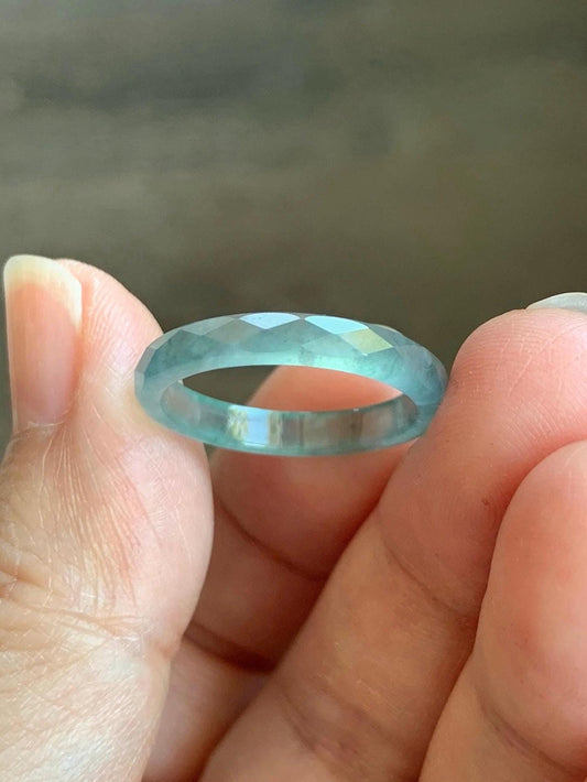 Natural Grade A Guatemalan Icy Highly Translucent Light Teal Jade Jadeite Diamond Faceted Band Ring Size 7.25 US 天然冰危浅蓝绿起光翡翠切割面戒圈 QGM80-I