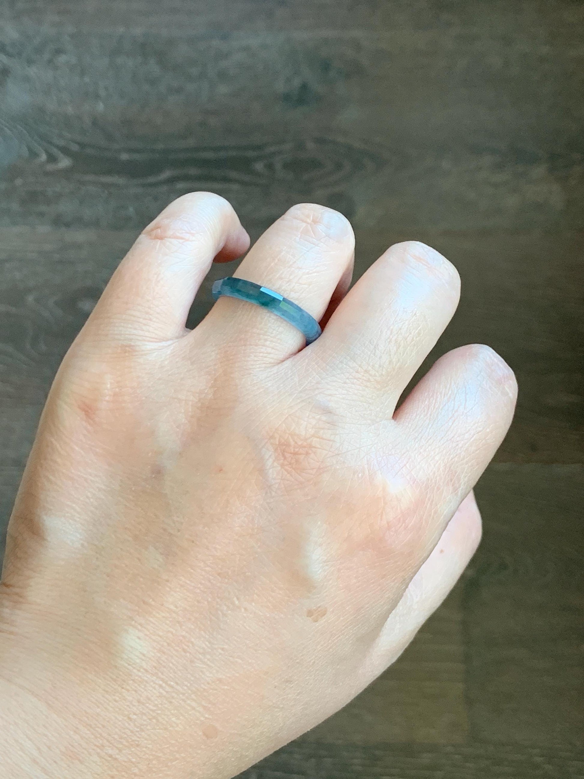 Natural Grade A Guatemalan Icy Highly Translucent Light Aegean Blue Jade Jadeite Faceted Band Ring Size 9 US 天然冰危牛仔蓝起光翡翠切割面戒圈 QGM80-F