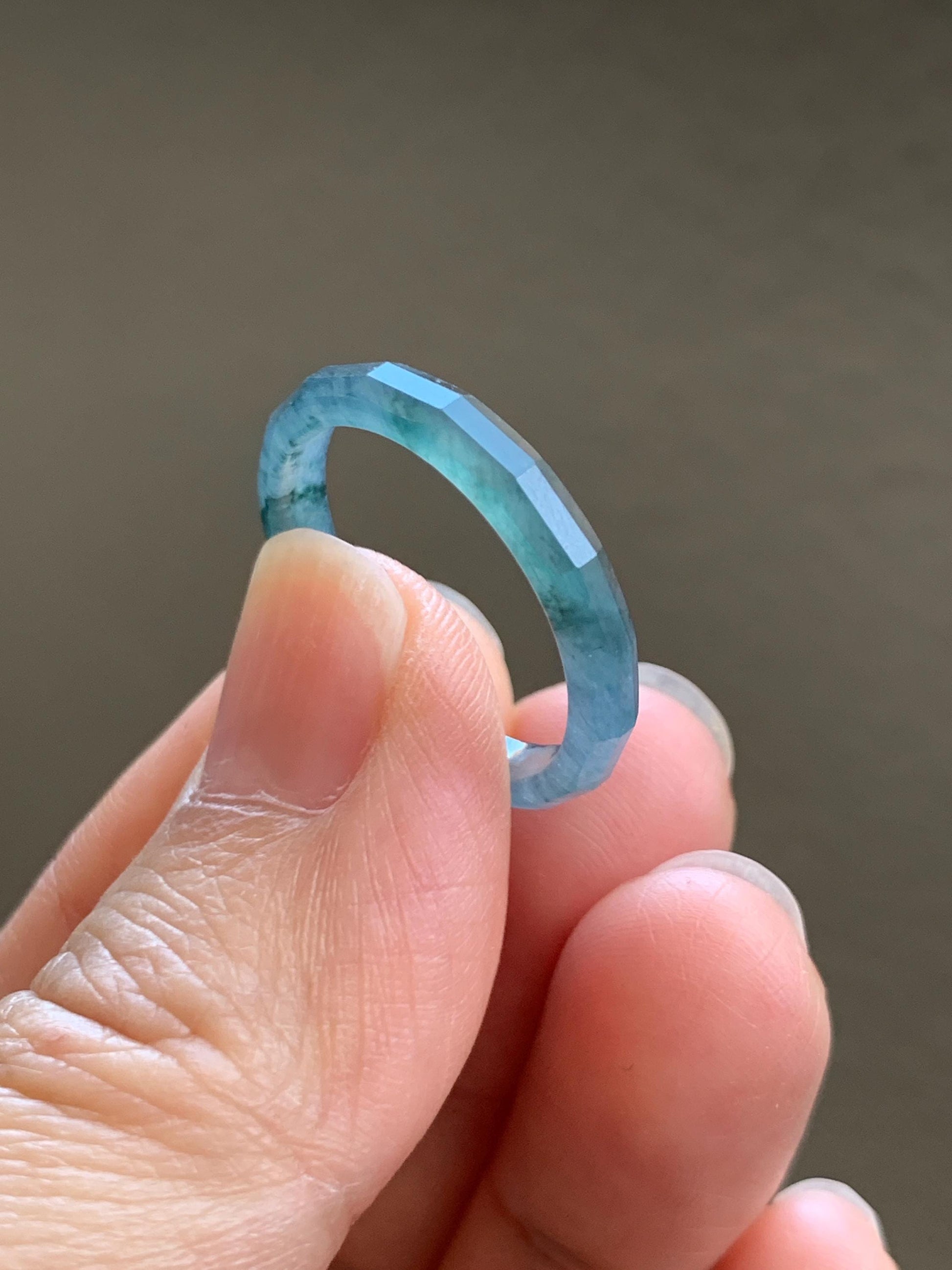 Natural Grade A Guatemalan Icy Highly Translucent Light Aegean Blue Jade Jadeite Faceted Band Ring Size 9 US 天然冰危牛仔蓝起光翡翠切割面戒圈 QGM80-F