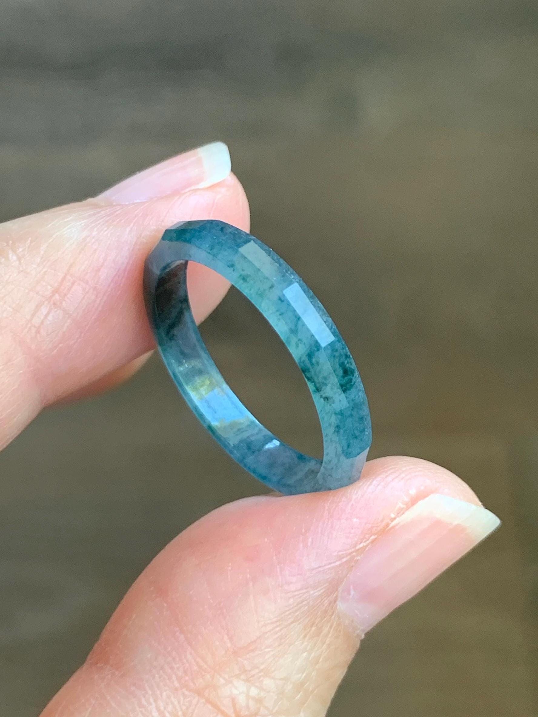 Natural Grade A Guatemalan Icy Highly Translucent Light Aegean Blue Jade Jadeite Faceted Band Ring Size 9 US 天然冰危牛仔蓝起光翡翠切割面戒圈 QGM80-F