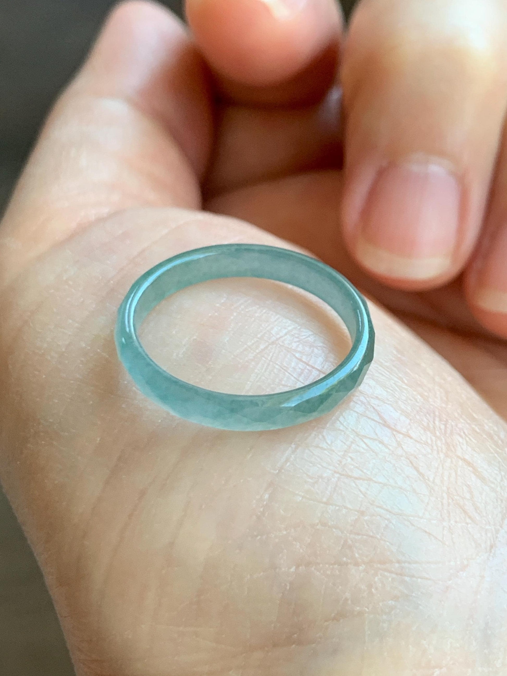 Natural Grade A Guatemalan Icy Highly Translucent Light Teal Jade Jadeite Diamond Faceted Band Ring Size 7.25 US 天然冰危浅蓝绿起光翡翠切割面戒圈 QGM80-E