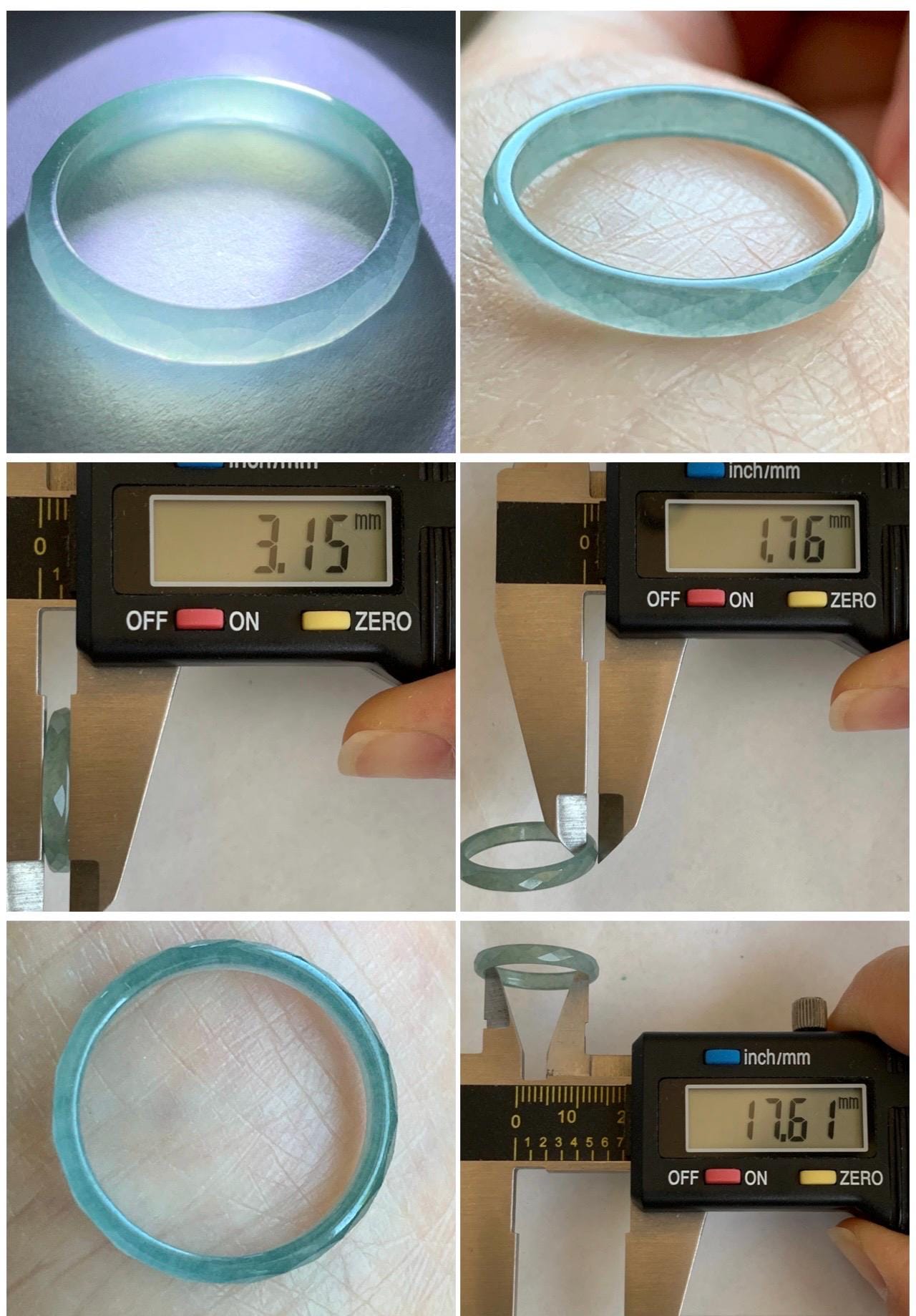 Natural Grade A Guatemalan Icy Highly Translucent Light Teal Jade Jadeite Diamond Faceted Band Ring Size 7.25 US 天然冰危浅蓝绿起光翡翠切割面戒圈 QGM80-E