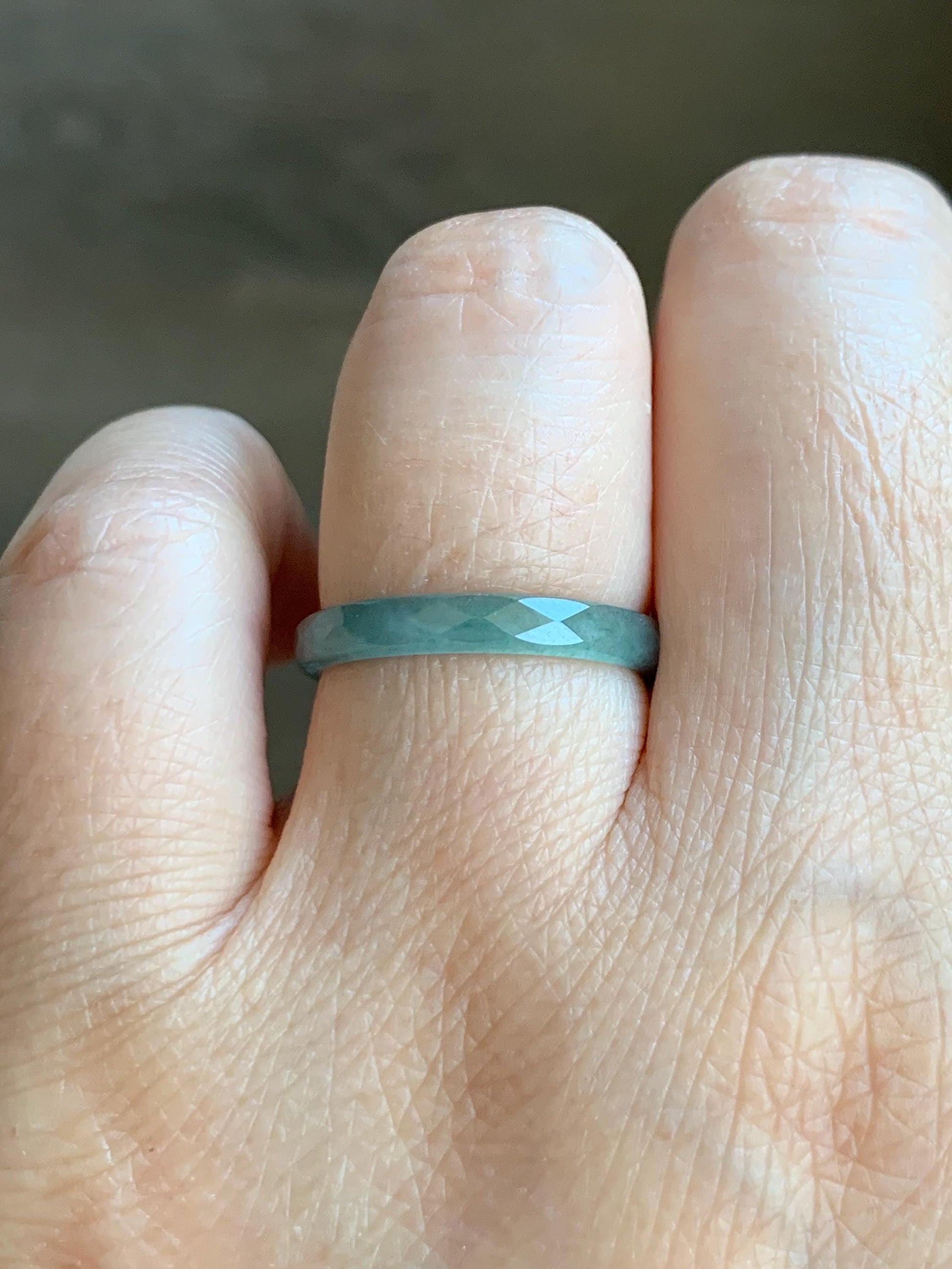 Natural Grade A Guatemalan Icy Highly Translucent Light Teal Jade Jadeite Diamond Faceted Band Ring Size 7.25 US 天然冰危浅蓝绿起光翡翠切割面戒圈 QGM80-E