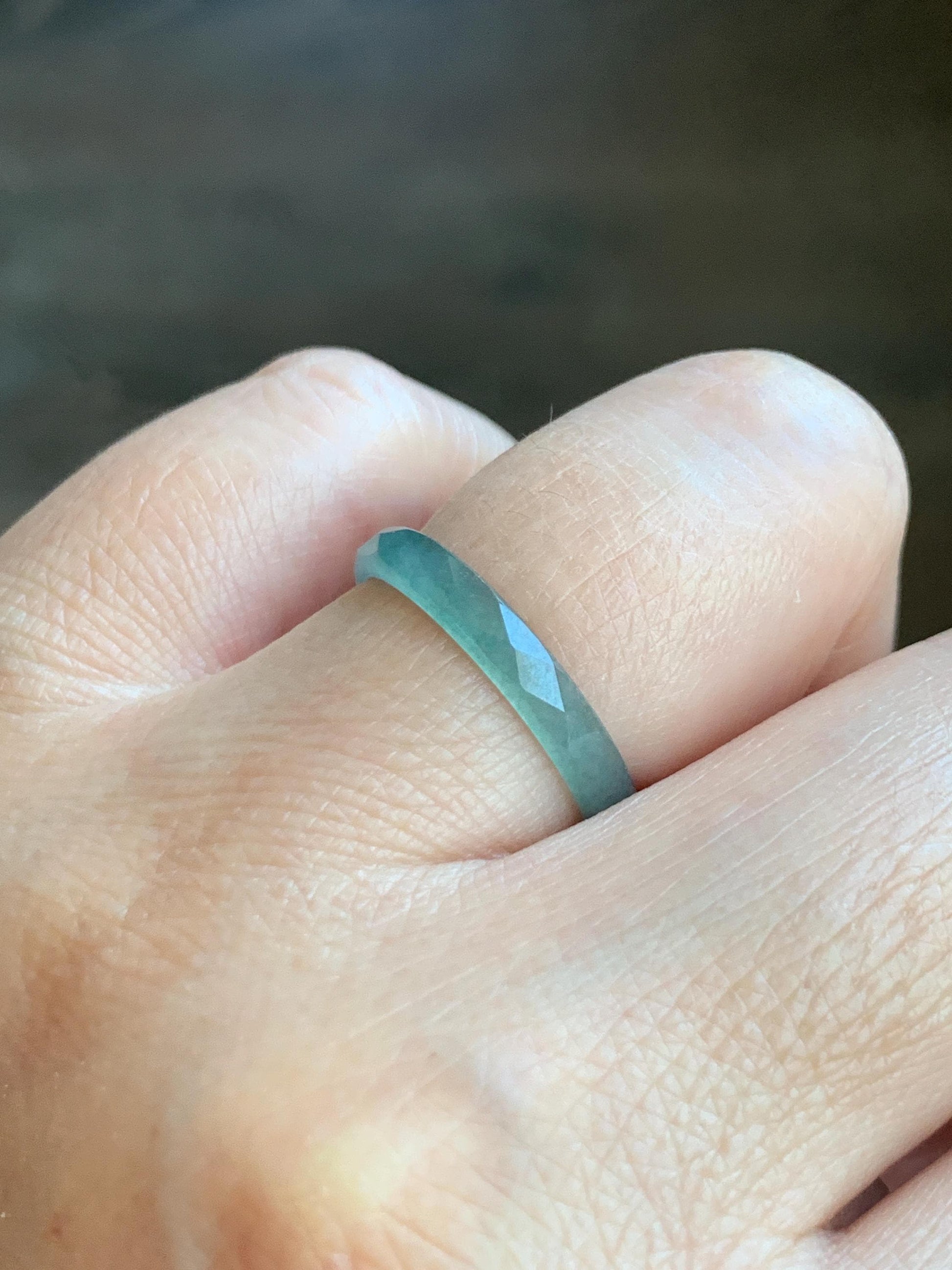 Natural Grade A Guatemalan Icy Highly Translucent Light Teal Jade Jadeite Diamond Faceted Band Ring Size 7.25 US 天然冰危浅蓝绿起光翡翠切割面戒圈 QGM80-E