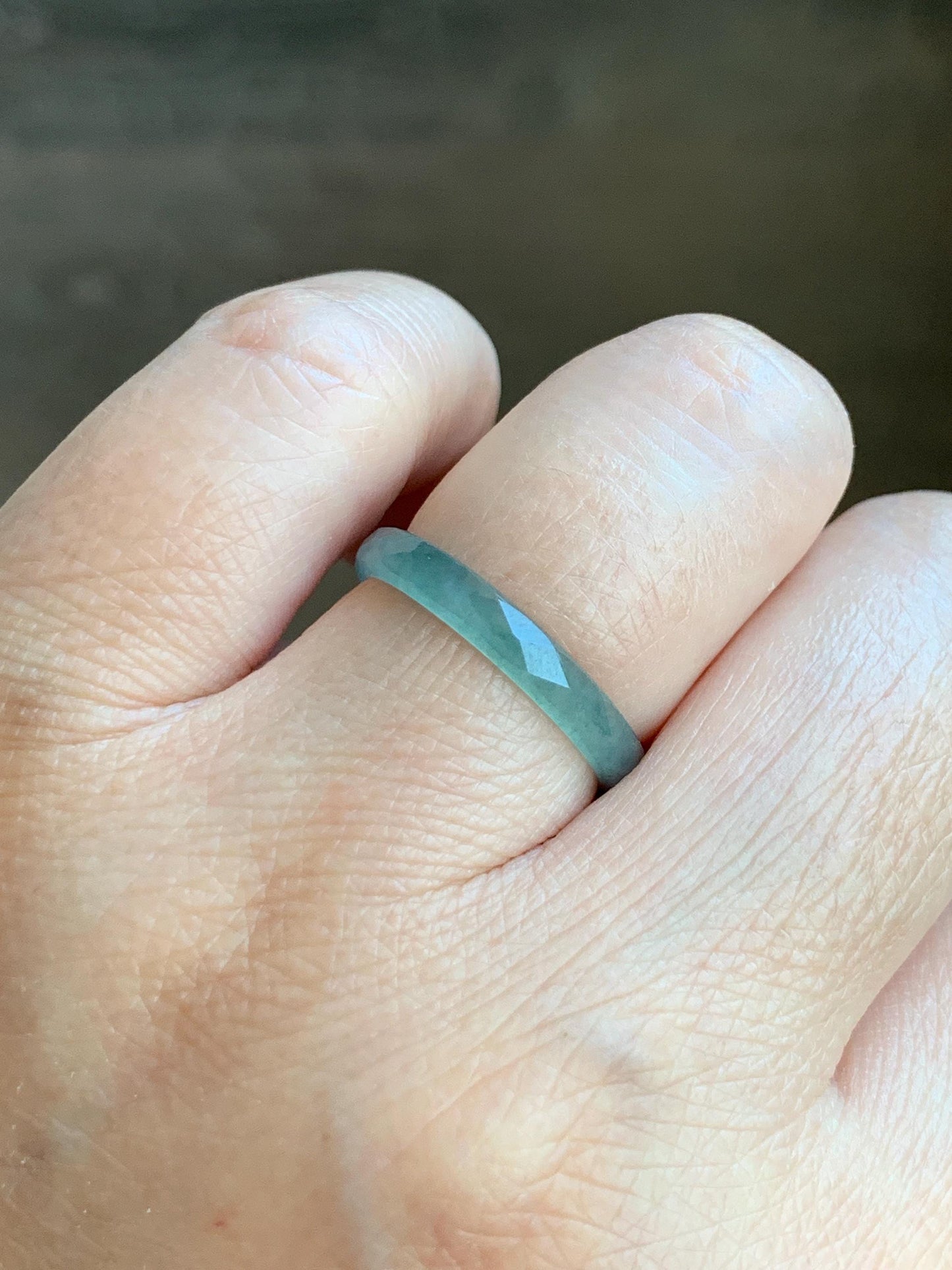 Natural Grade A Guatemalan Icy Highly Translucent Light Teal Jade Jadeite Diamond Faceted Band Ring Size 7.25 US 天然冰危浅蓝绿起光翡翠切割面戒圈 QGM80-E