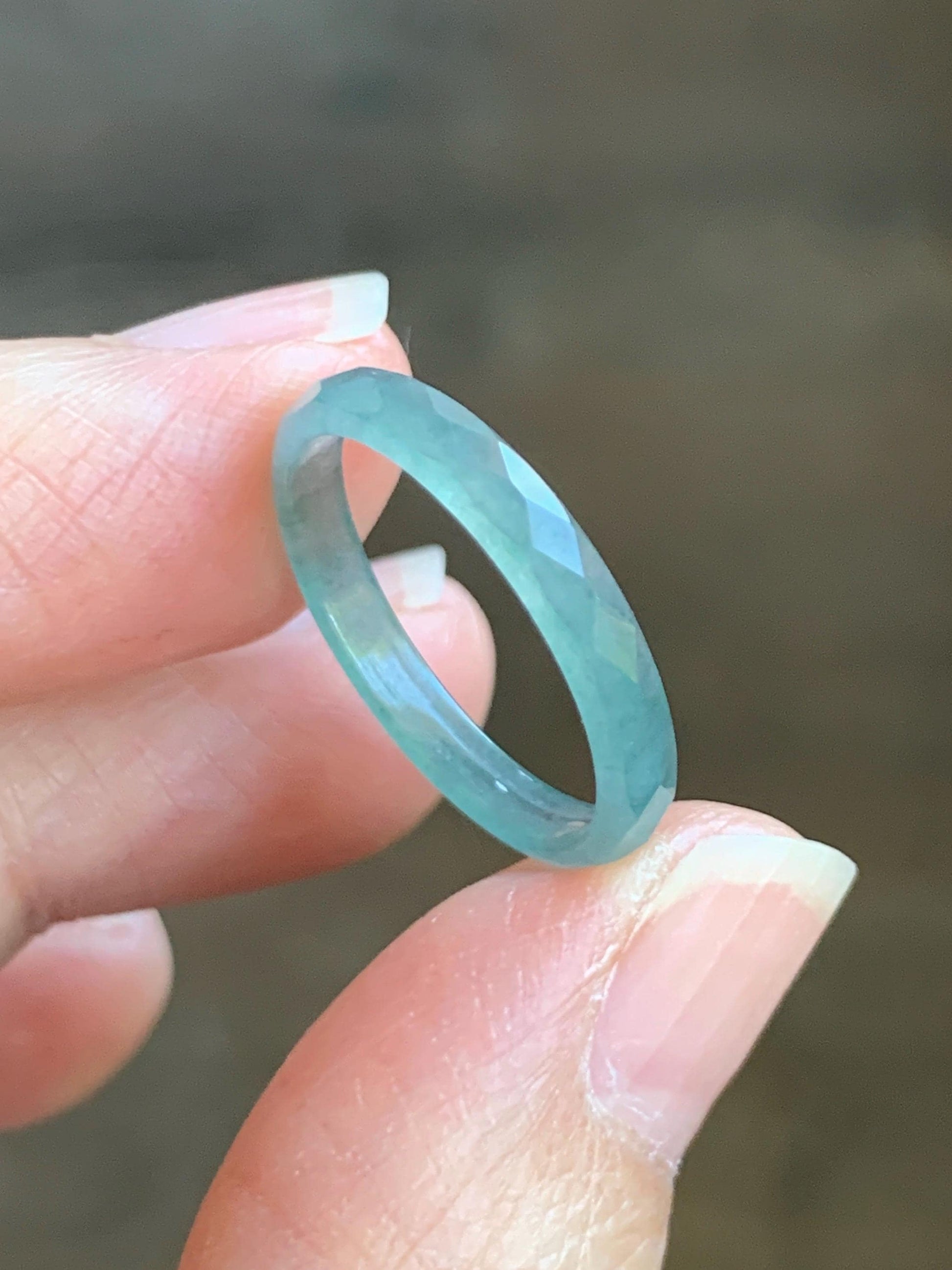 Natural Grade A Guatemalan Icy Highly Translucent Light Teal Jade Jadeite Diamond Faceted Band Ring Size 7.25 US 天然冰危浅蓝绿起光翡翠切割面戒圈 QGM80-E