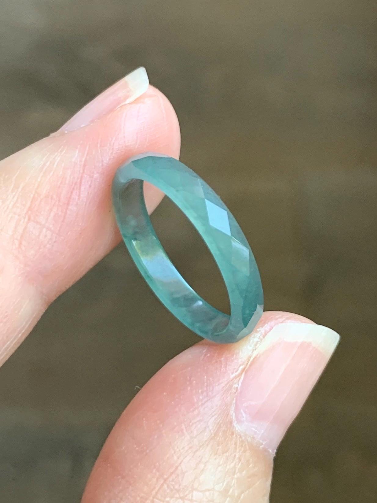 Natural Grade A Guatemalan Icy Highly Translucent Light Green Jade Jadeite Diamond Faceted Band Ring Size 6.5 天然冰危浅绿起光翡翠切割面戒圈 QGM80-D