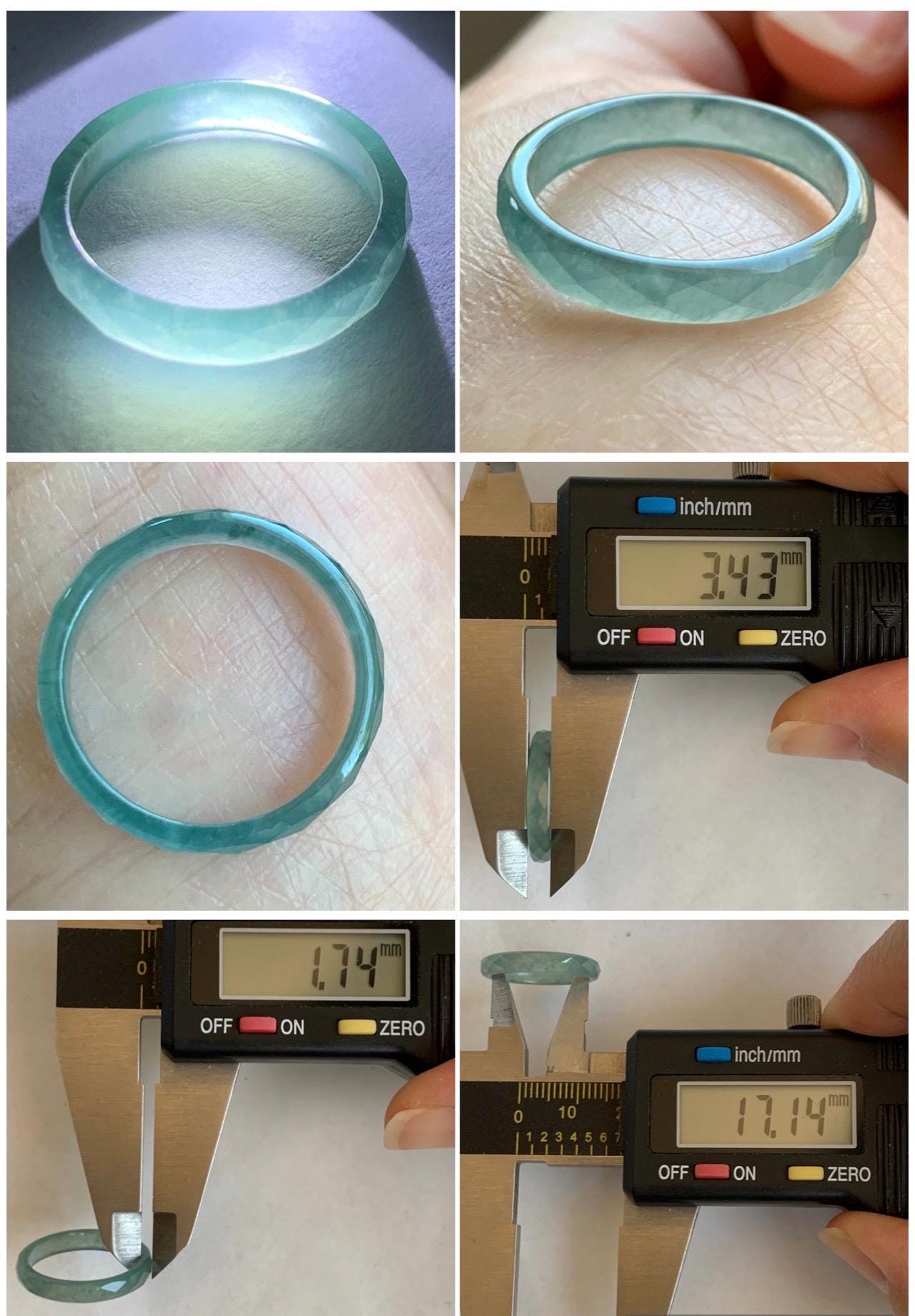Natural Grade A Guatemalan Icy Highly Translucent Light Green Jade Jadeite Diamond Faceted Band Ring Size 6.5 天然冰危浅绿起光翡翠切割面戒圈 QGM80-D