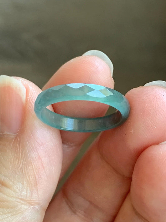 Natural Grade A Guatemalan Icy Highly Translucent Light Green Jade Jadeite Diamond Faceted Band Ring Size 6.5 天然冰危浅绿起光翡翠切割面戒圈 QGM80-D