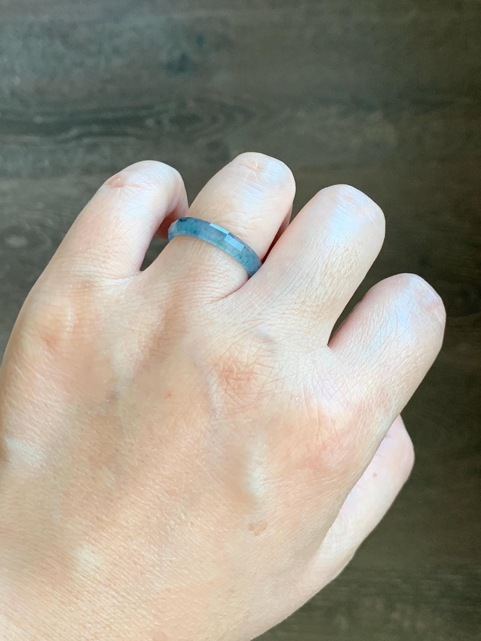 Natural Grade A Guatemalan Icy Highly Translucent Aegean Blue Jade Jadeite Faceted Band Ring Size 7.75 US 天然冰危牛仔蓝起光翡翠切割面戒圈 QGM80-C