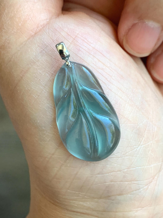 Natural Grade A Guatemalan Premium Icy Highly Translucent Teal Blue Jade Jadeite Leaf Pendant 18K White Gold 3g 天然老种高冰危蓝翡翠叶子大业有成吊坠 XKY336A