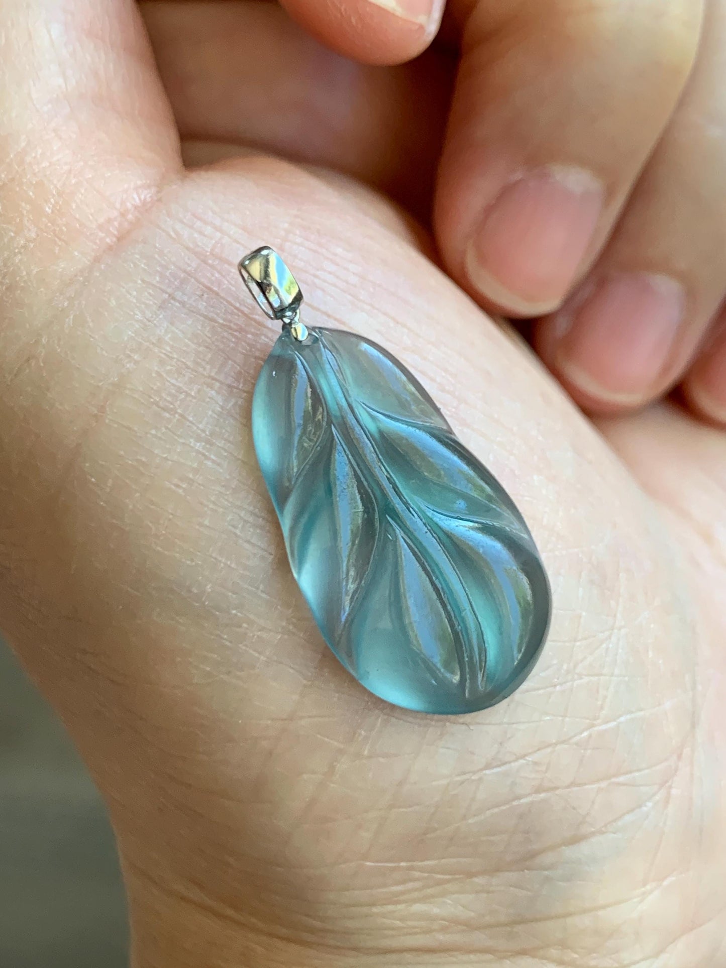 Natural Grade A Guatemalan Premium Icy Highly Translucent Teal Blue Jade Jadeite Leaf Pendant 18K White Gold 3g 天然老种高冰危蓝翡翠叶子大业有成吊坠 XKY336A