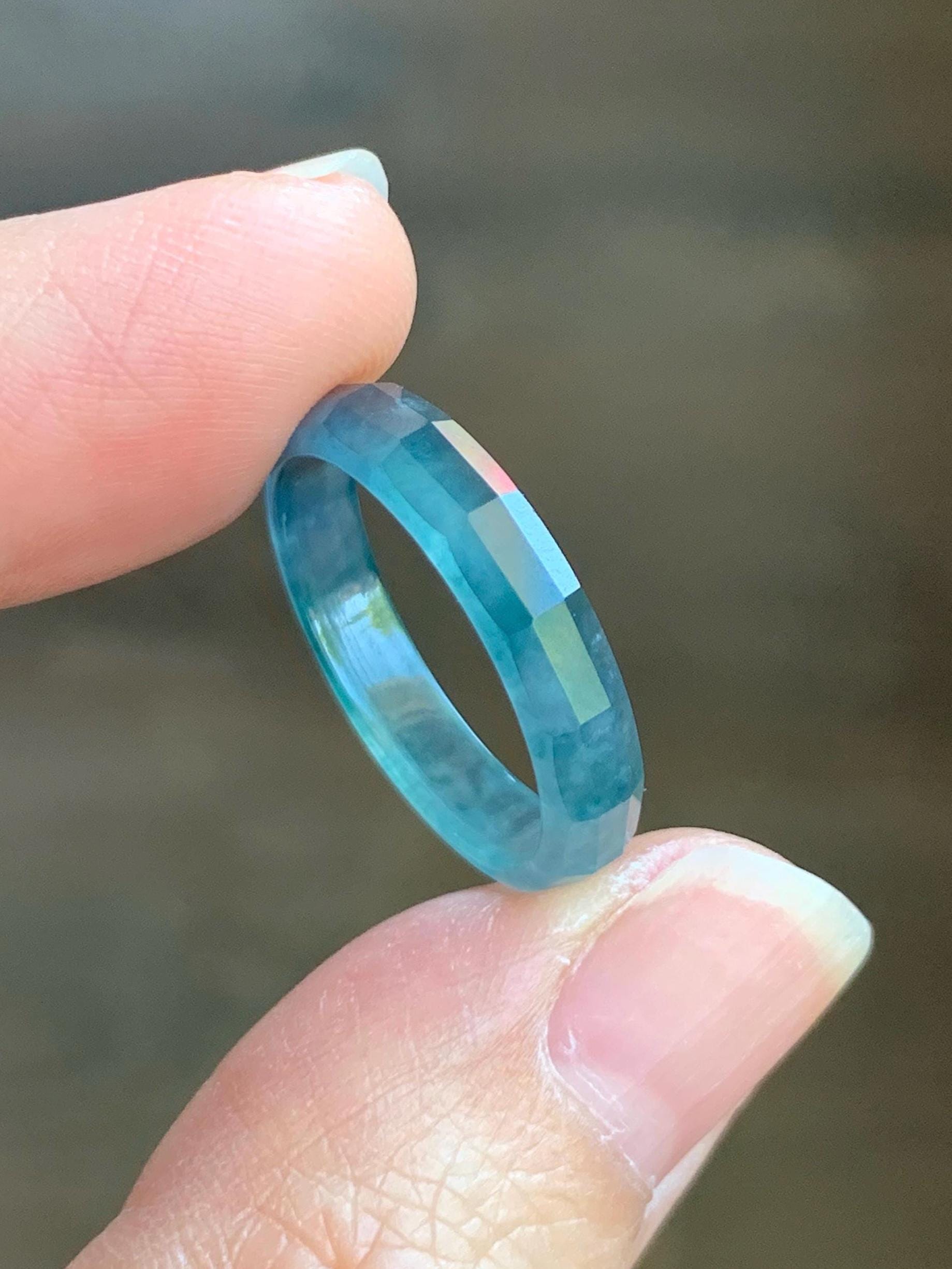 Natural Grade A Guatemalan Icy Highly Translucent Aegean Blue Jade Jadeite Faceted Band Ring Size 7.75 US 天然冰危牛仔蓝起光翡翠切割面戒圈 QGM80-B