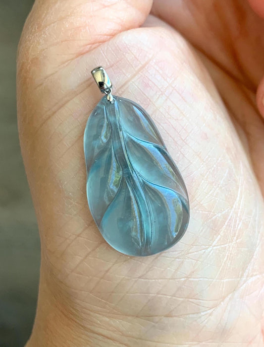 Natural Grade A Guatemalan Premium Icy Highly Translucent Teal Blue Jade Jadeite Leaf Pendant 18K White Gold 3g 天然老种高冰危蓝翡翠叶子大业有成吊坠 XKY336B