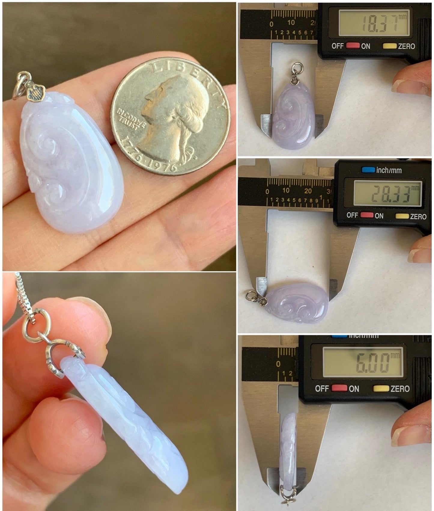 Natural Grade A Icy Translucent Light Purple Jade Jadeite Carved Ruyi Pendant Sterling Silver 6g 天然冰淡紫翡翠如意吊坠 MDZ150
