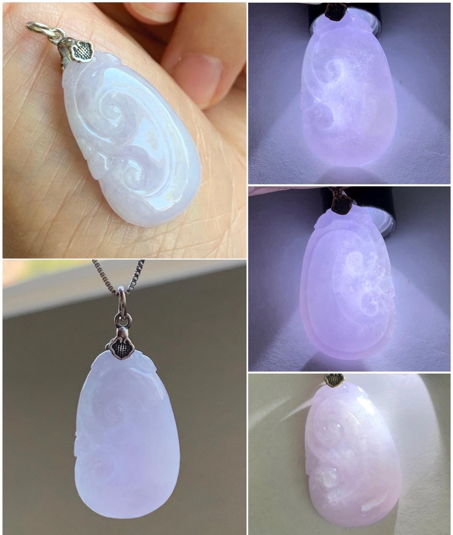 Natural Grade A Icy Translucent Light Purple Jade Jadeite Carved Ruyi Pendant Sterling Silver 6g 天然冰淡紫翡翠如意吊坠 MDZ150