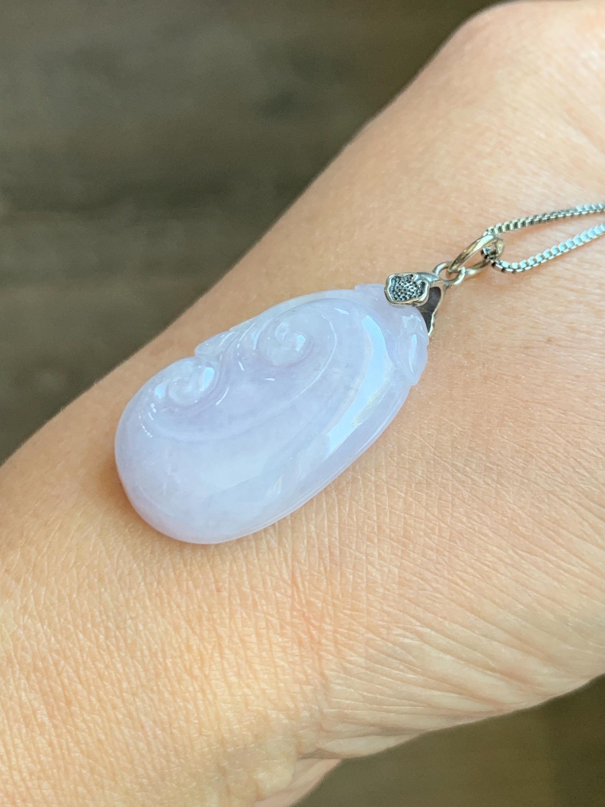 Natural Grade A Icy Translucent Light Purple Jade Jadeite Carved Ruyi Pendant Sterling Silver 6g 天然冰淡紫翡翠如意吊坠 MDZ150