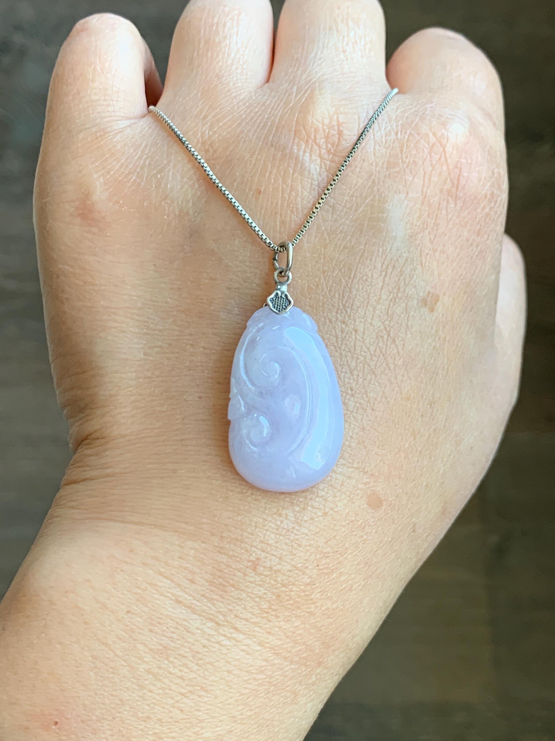 Natural Grade A Icy Translucent Light Purple Jade Jadeite Carved Ruyi Pendant Sterling Silver 6g 天然冰淡紫翡翠如意吊坠 MDZ150