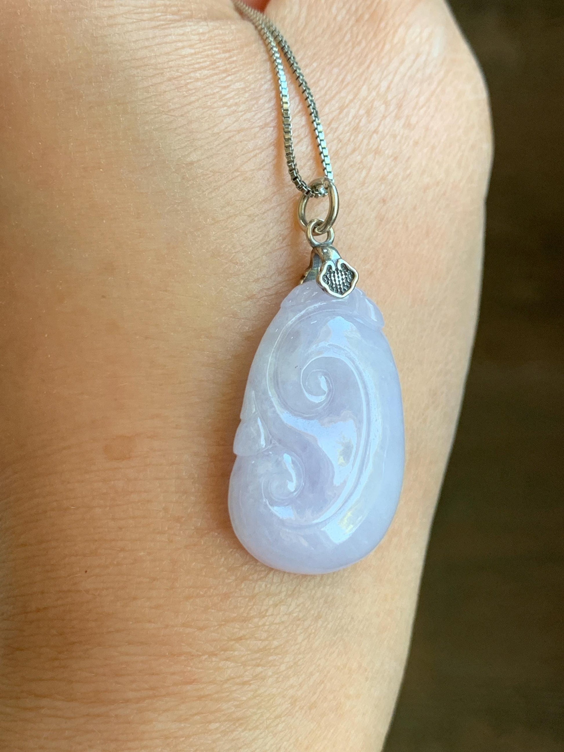 Natural Grade A Icy Translucent Light Purple Jade Jadeite Carved Ruyi Pendant Sterling Silver 6g 天然冰淡紫翡翠如意吊坠 MDZ150