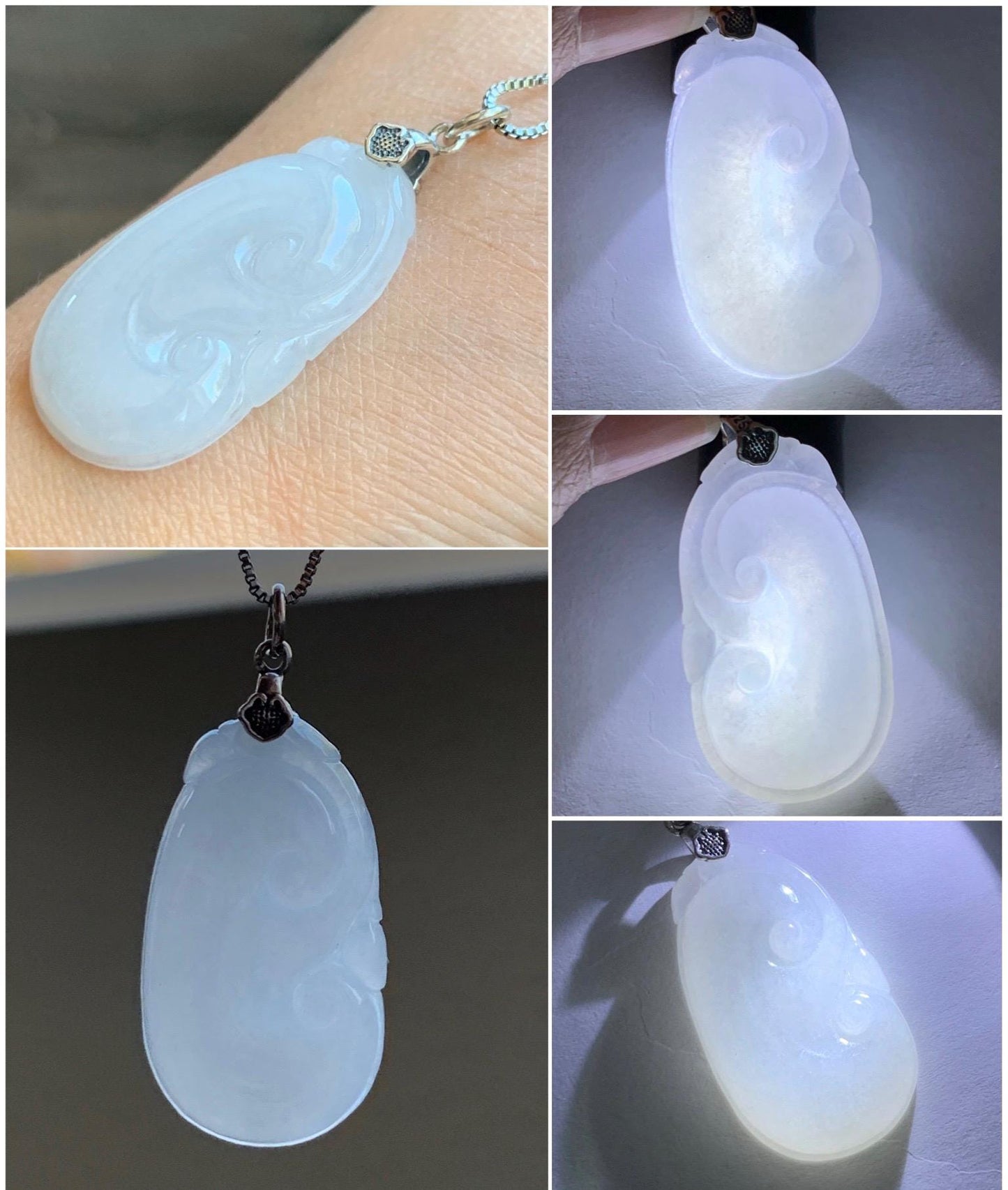 Natural Grade A Icy Translucent Gelatinous Icy White Jade Jadeite Carved Ruyi Pendant Sterling Silver 8g 天然白冰胶翡翠如意吊坠 MBR103