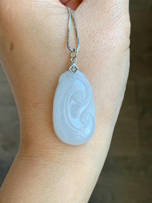 Natural Grade A Icy Translucent Gelatinous Icy White Jade Jadeite Carved Ruyi Pendant Sterling Silver 8g 天然白冰胶翡翠如意吊坠 MBR103