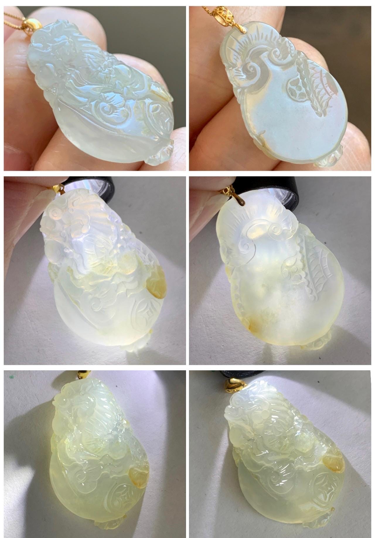 Certified Natural Grade A Icy Highly Translucent Jade Jadeite Carved Dragon Ping An Kou Donut Pendant 18K Yellow Gold 天然冰胶冰糖黄翡翠盘龙平安扣吊坠 9426