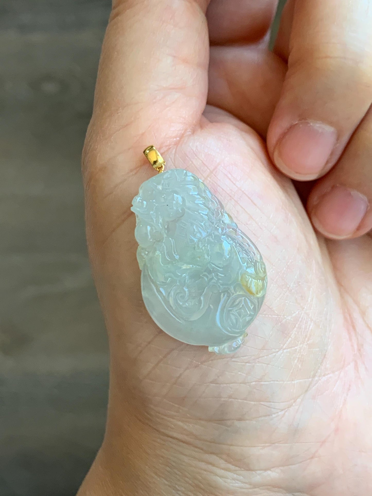 Certified Natural Grade A Icy Highly Translucent Jade Jadeite Carved Dragon Ping An Kou Donut Pendant 18K Yellow Gold 天然冰胶冰糖黄翡翠盘龙平安扣吊坠 9426