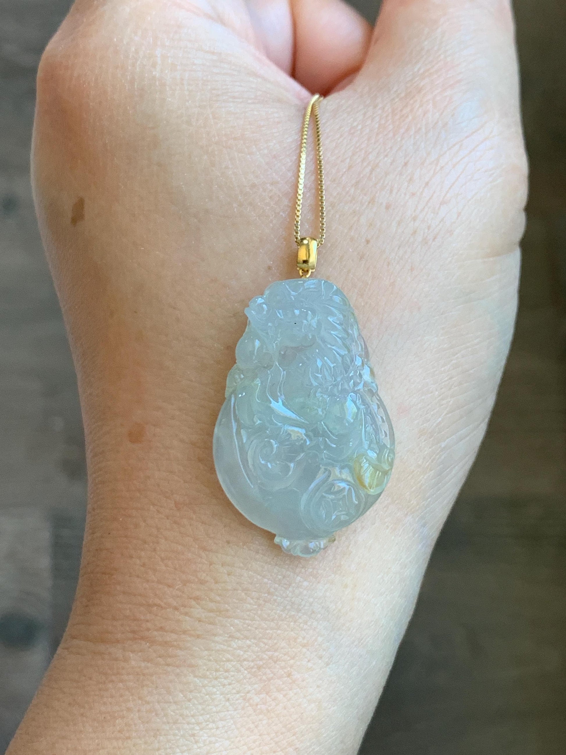 Certified Natural Grade A Icy Highly Translucent Jade Jadeite Carved Dragon Ping An Kou Donut Pendant 18K Yellow Gold 天然冰胶冰糖黄翡翠盘龙平安扣吊坠 9426