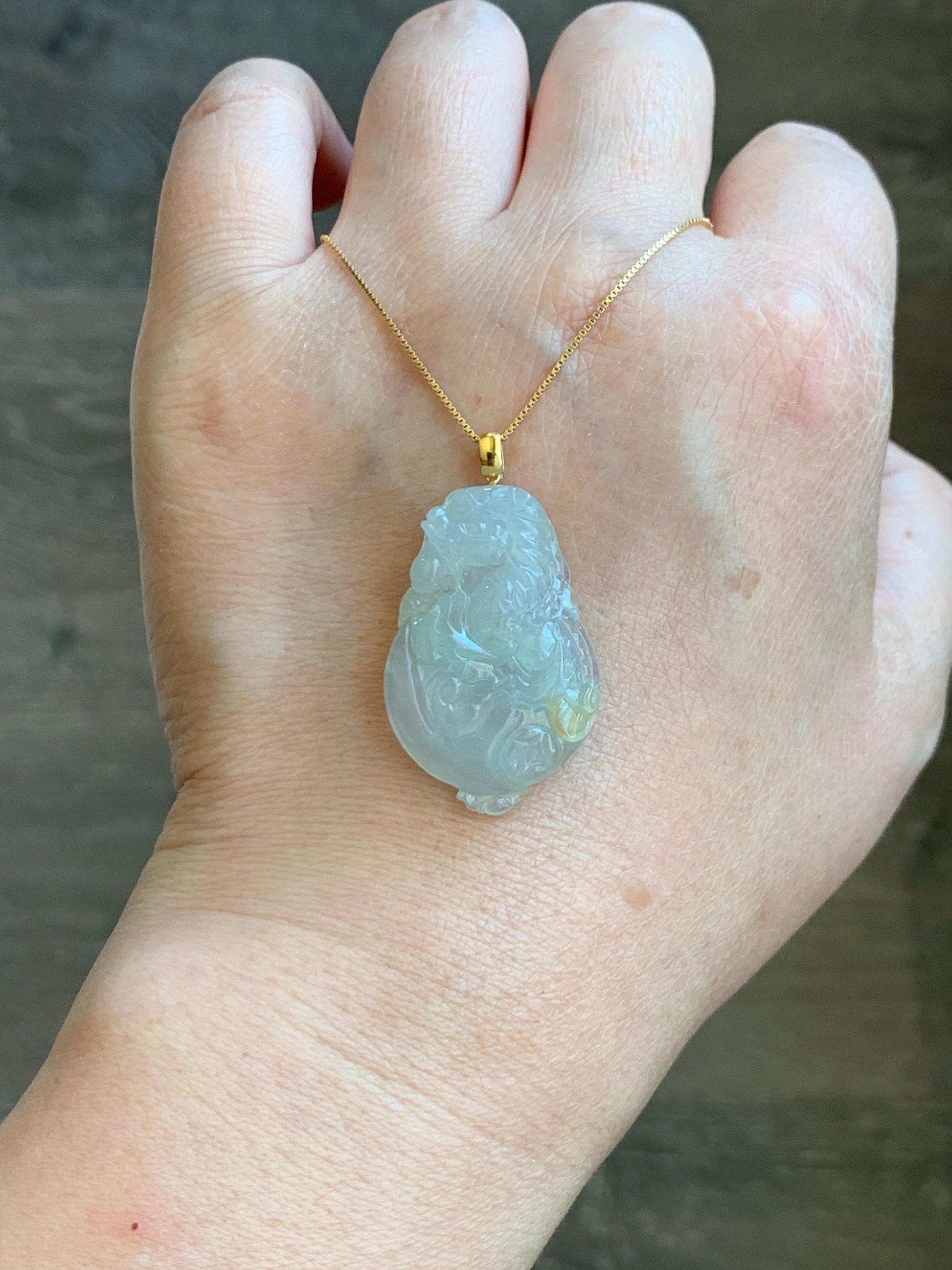 Certified Natural Grade A Icy Highly Translucent Jade Jadeite Carved Dragon Ping An Kou Donut Pendant 18K Yellow Gold 天然冰胶冰糖黄翡翠盘龙平安扣吊坠 9426