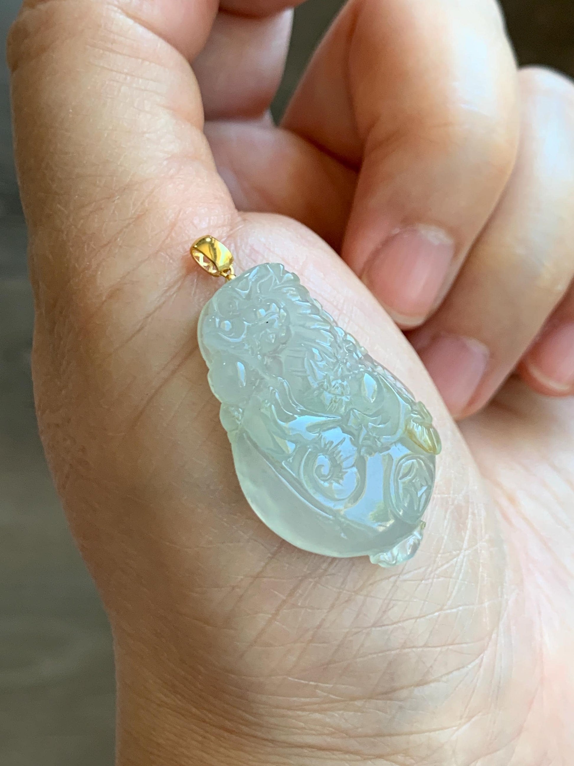 Certified Natural Grade A Icy Highly Translucent Jade Jadeite Carved Dragon Ping An Kou Donut Pendant 18K Yellow Gold 天然冰胶冰糖黄翡翠盘龙平安扣吊坠 9426