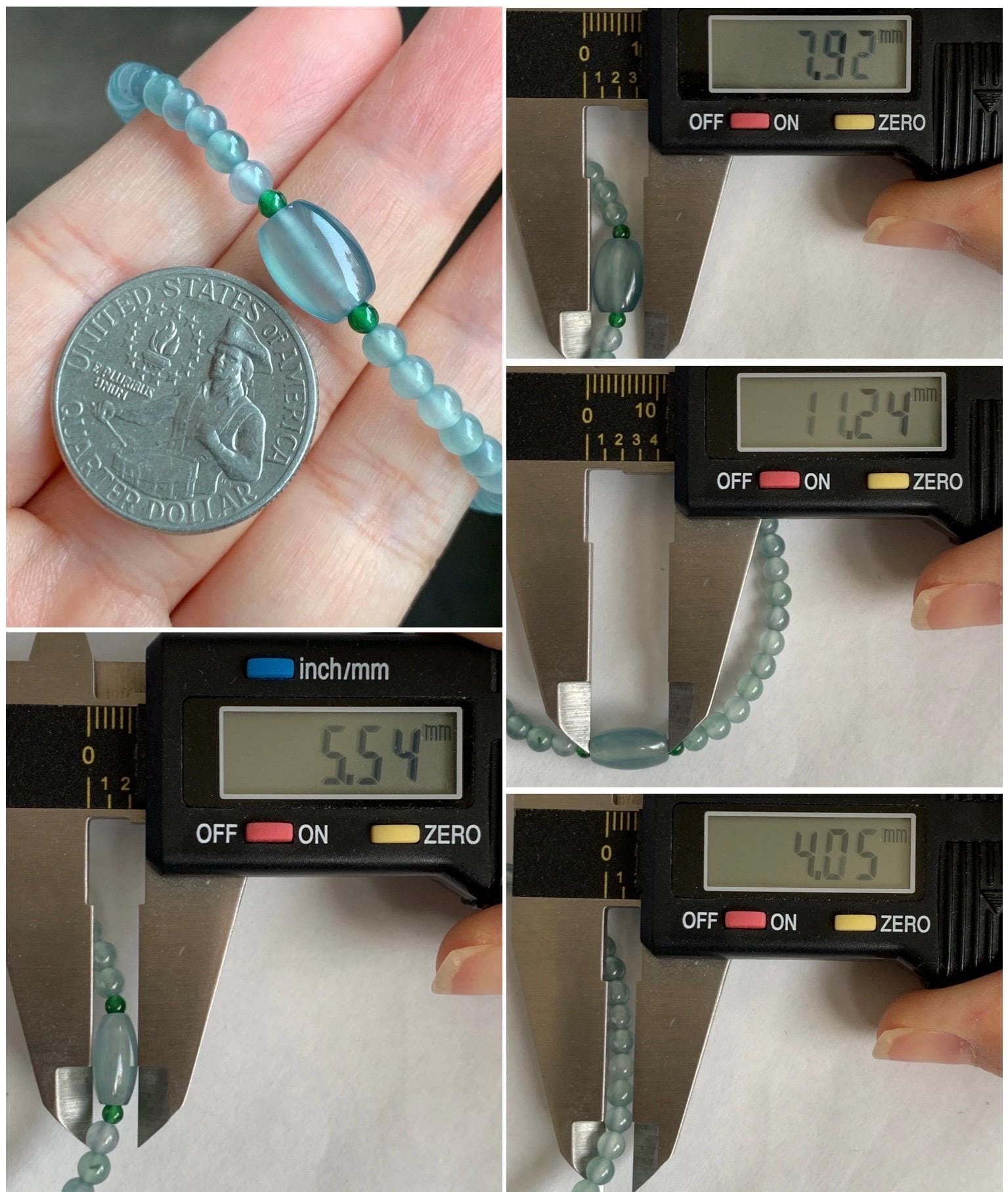 Natural Grade A Guatemalan Icy Highly Translucent Light Teal Blue Jade Jadeite Petite Beads Beaded Bracelet 6.75” 5g 天然高冰危起光蓝翡翠小珠手串 GBW188