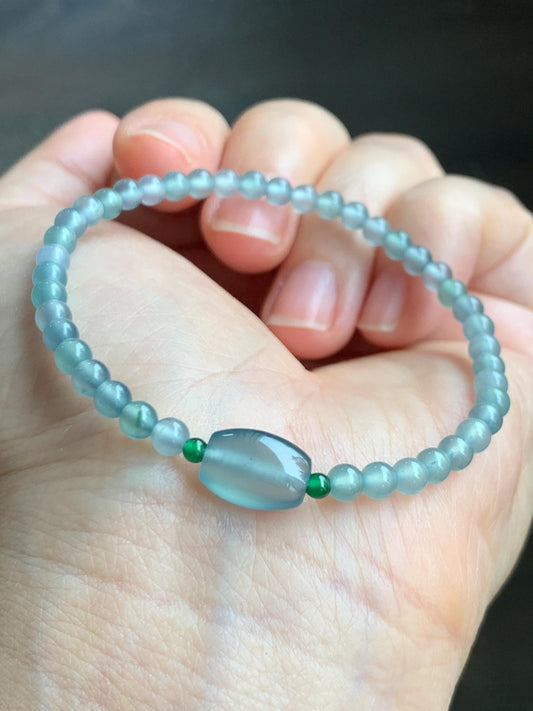 Natural Grade A Guatemalan Icy Highly Translucent Light Teal Blue Jade Jadeite Petite Beads Beaded Bracelet 6.75” 5g 天然高冰危起光蓝翡翠小珠手串 GBW188