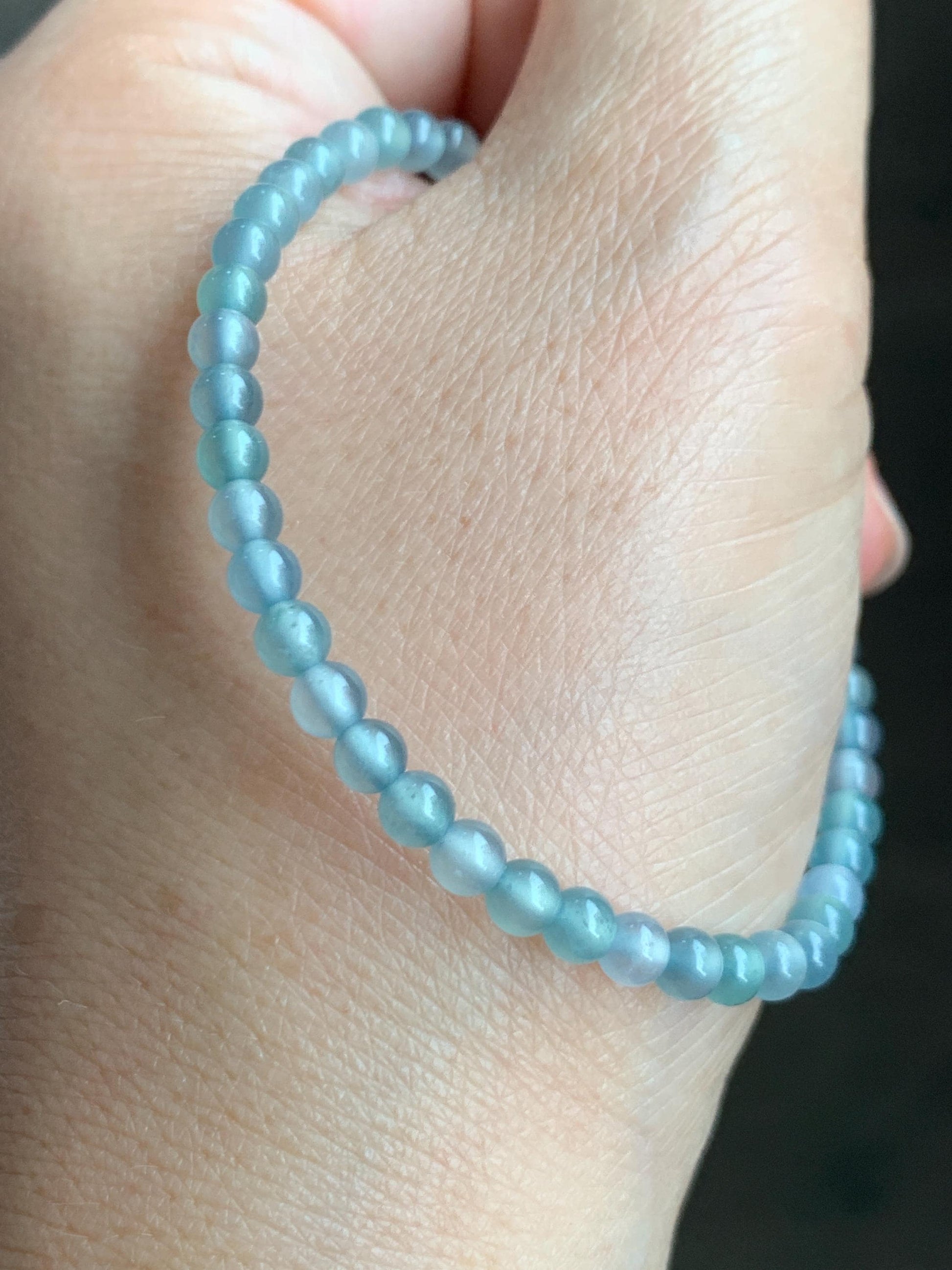 Natural Grade A Guatemalan Icy Highly Translucent Light Teal Blue Jade Jadeite Petite Beads Beaded Bracelet 6.75” 5g 天然高冰危起光蓝翡翠小珠手串 GBW188