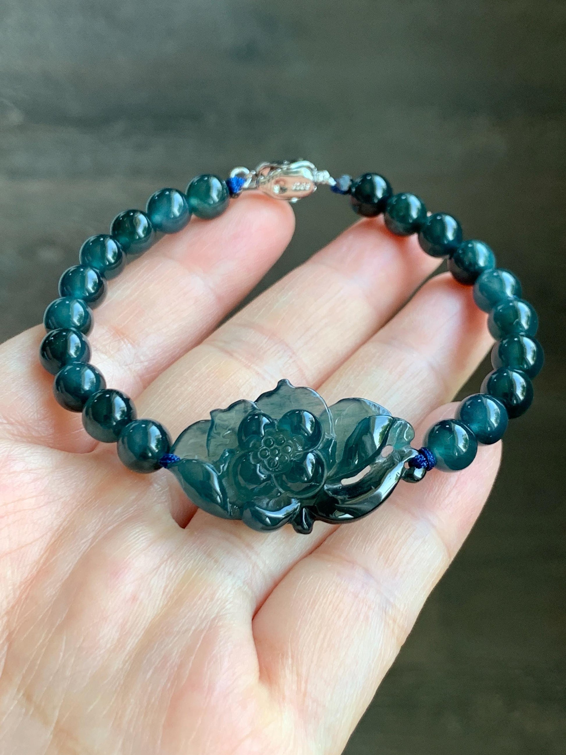 Natural Grade A Guatemalan Icy Translucent Midnight Blue Jade Jadeite Lotus Flower Beaded Bracelet 7” Sterling Silver 天然冰危深蓝翡翠莲花手串 SLH245