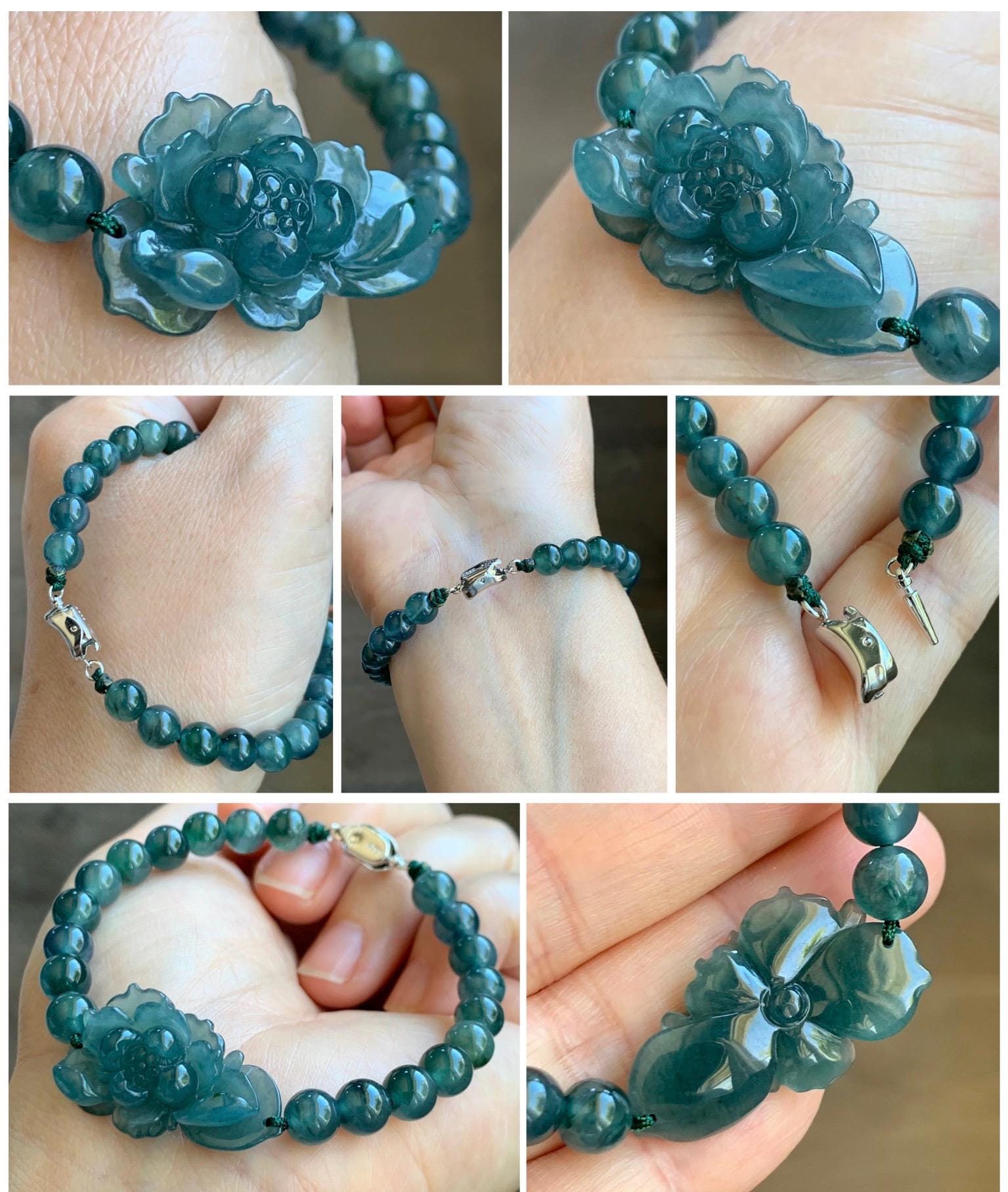 Natural Grade A Guatemalan Icy Translucent Dark Teal Blue Jade Jadeite Lotus Flower Beaded Bracelet 7” Sterling Silver 天然冰危深蓝绿翡翠莲花手串 WLL245