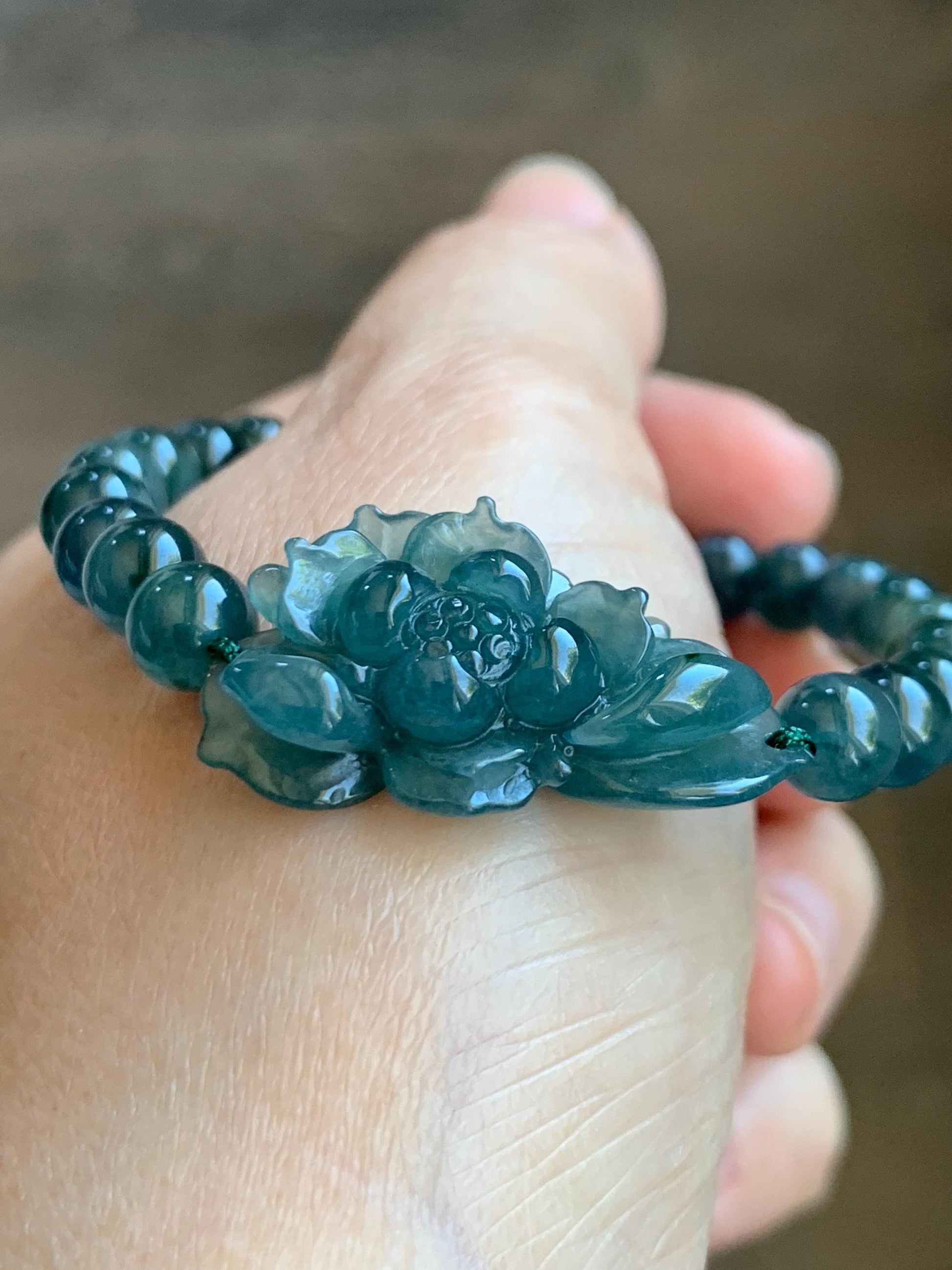Natural Grade A Guatemalan Icy Translucent Dark Teal Blue Jade Jadeite Lotus Flower Beaded Bracelet 7” Sterling Silver 天然冰危深蓝绿翡翠莲花手串 WLL245