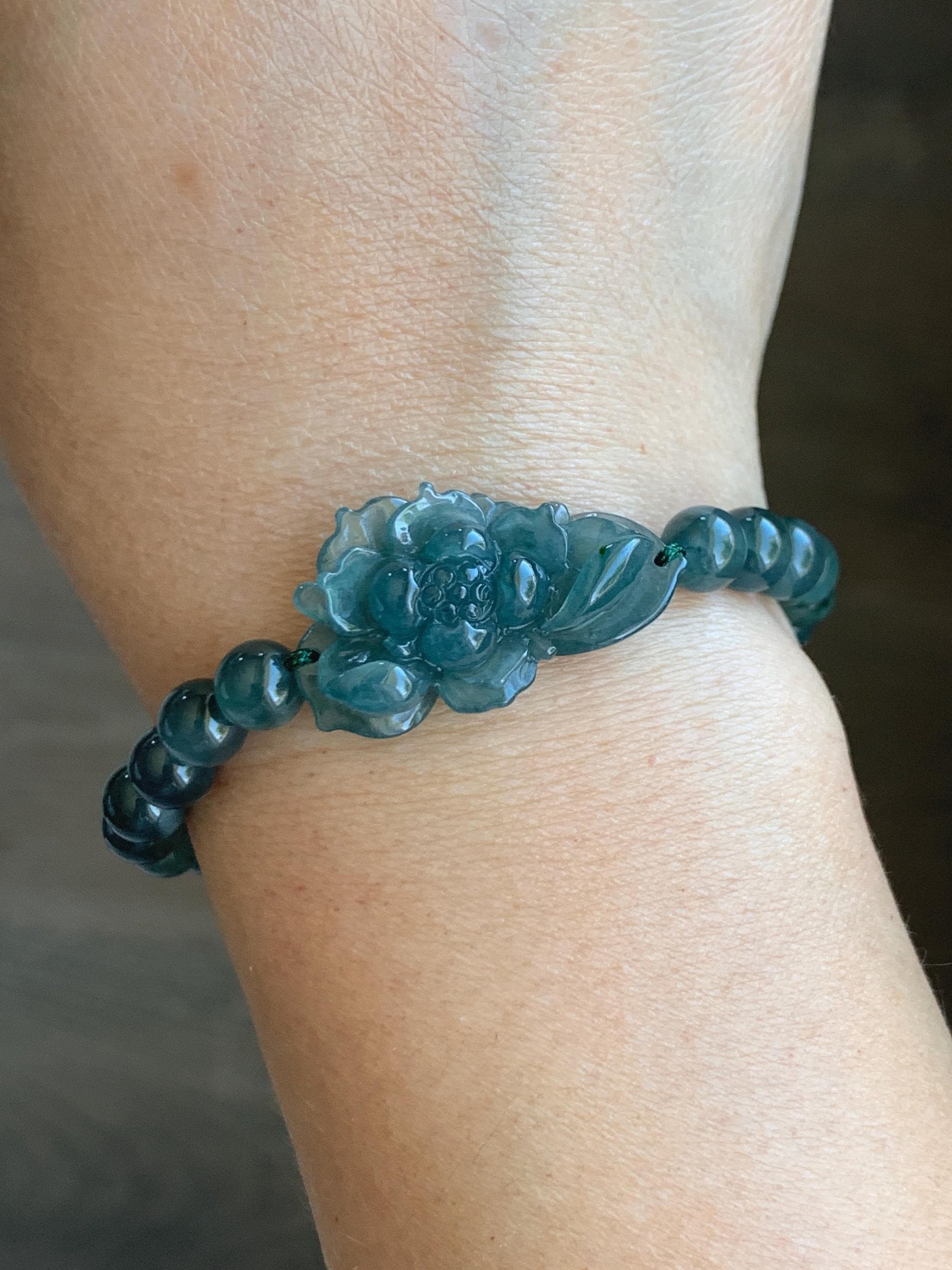Natural Grade A Guatemalan Icy Translucent Dark Teal Blue Jade Jadeite Lotus Flower Beaded Bracelet 7” Sterling Silver 天然冰危深蓝绿翡翠莲花手串 WLL245